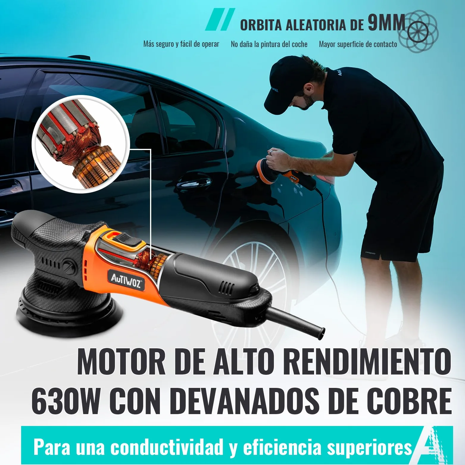 AUTIWOZ 630W Pulidora Orbital 125mm 9mm 6 Velocidades Variables 2000-6200 rpm para Detallado Automotriz