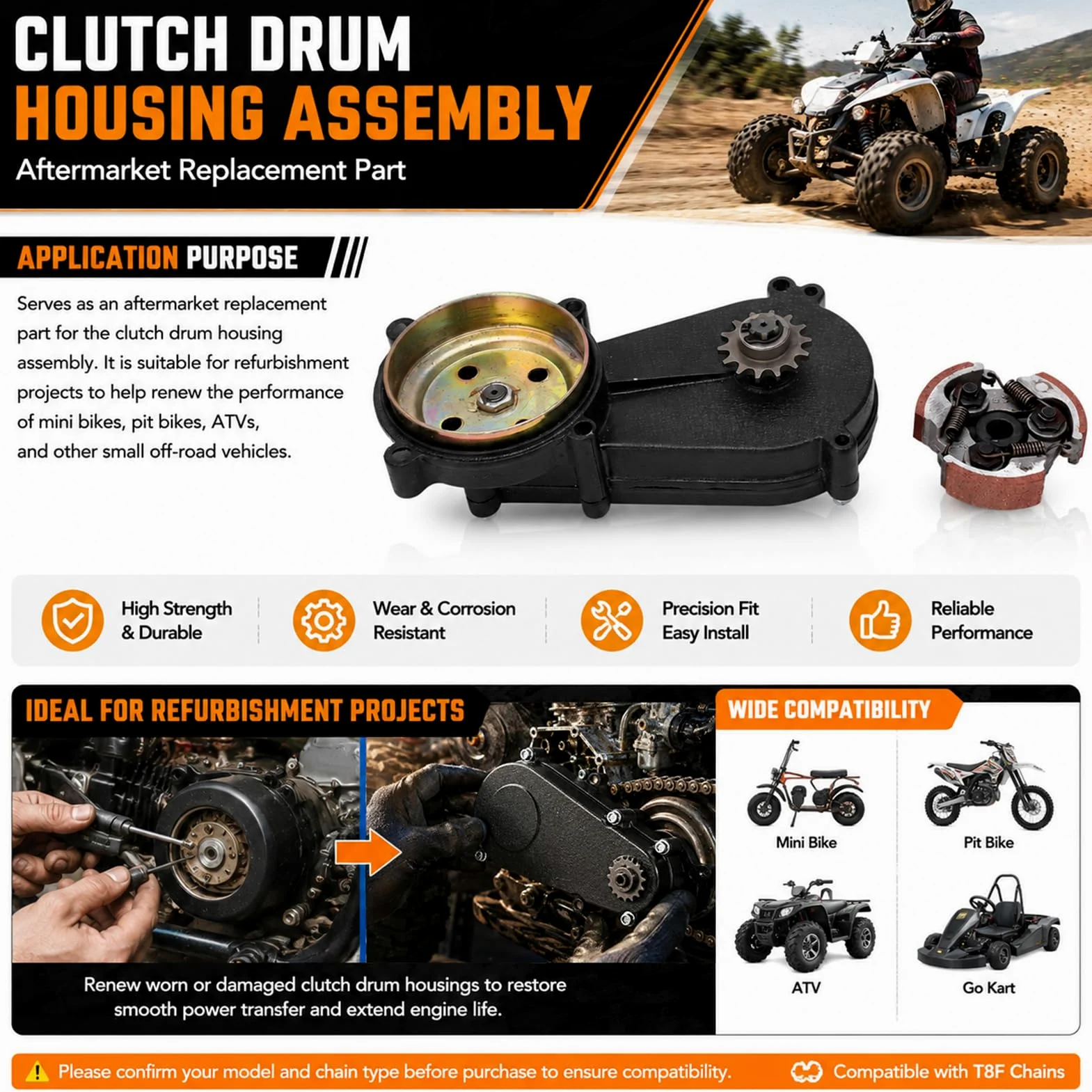 Juego de carcasas de embrague para máquina todoterreno, caja de embrague, caja de tambor 14T, juego de embrague para 47 ccm 49 ccm Mini Pocket Quad Dirt Bike ATV piezas tambor de embrague