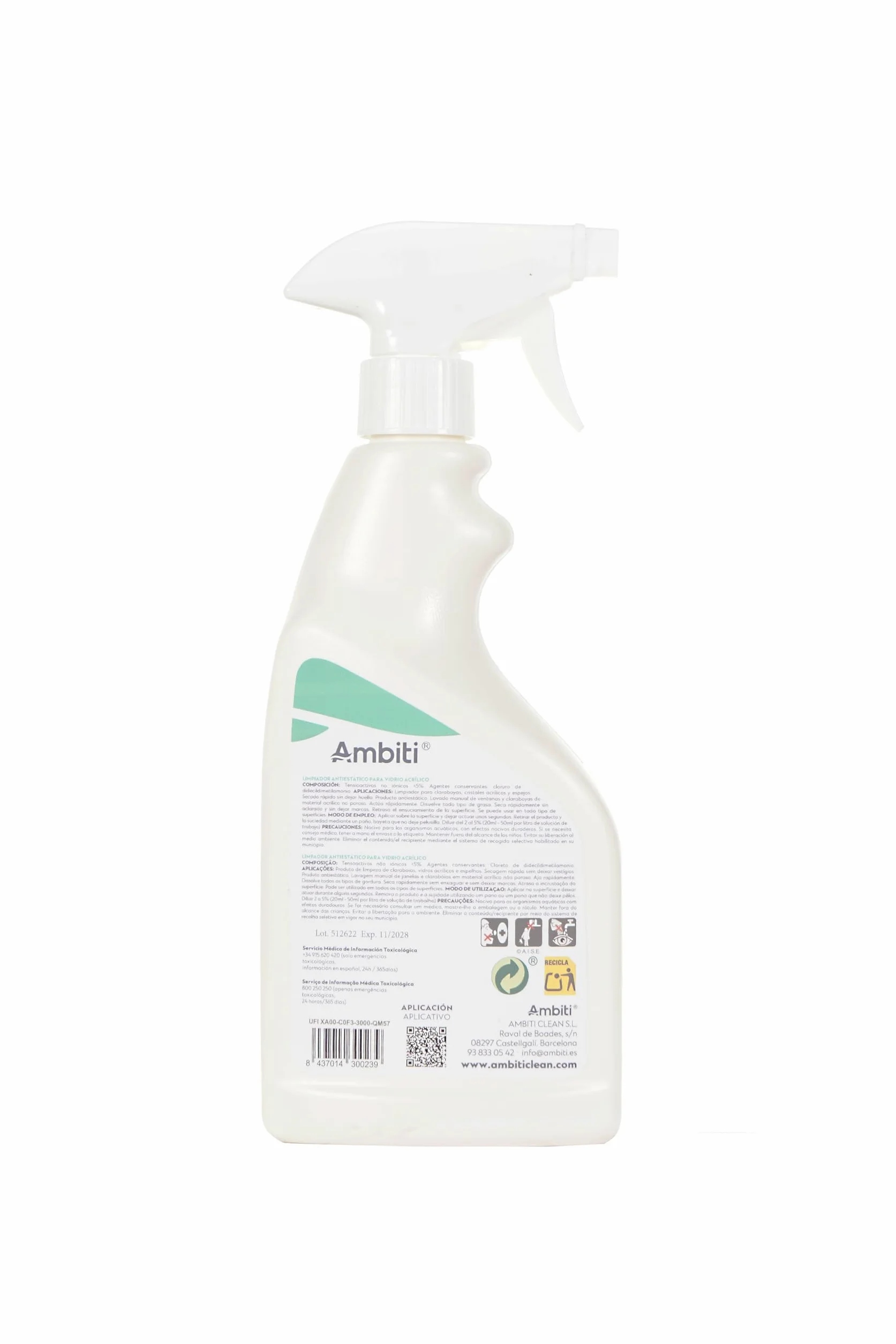 Ambiti Acrylic Cleaner | Limpiador Antiestático e Higienizante para Cristales y Claraboyas Acrílicas | Autocaravanas, Caravanas y Campers | Secado Rápido | 500 ml