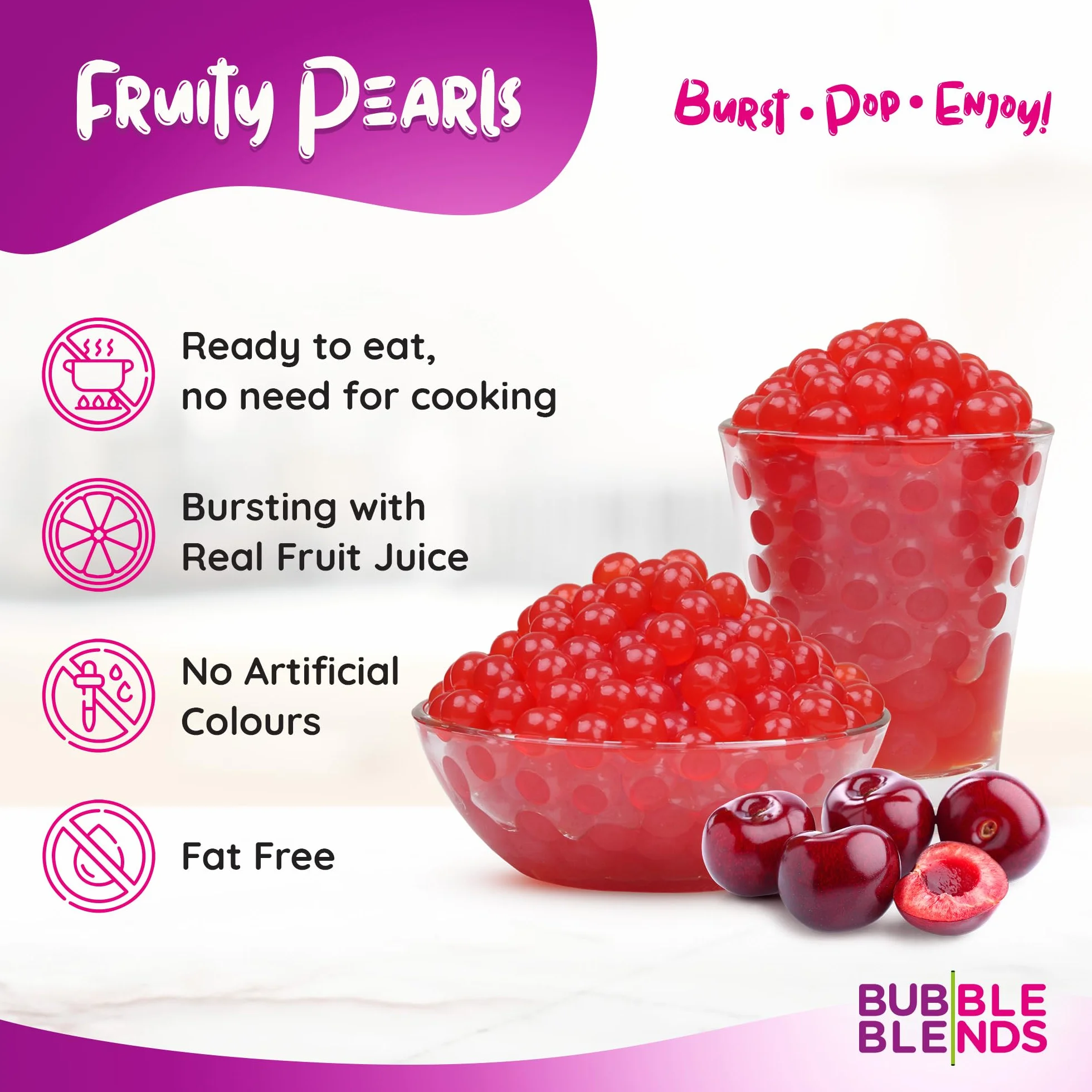 Popping Boba Sabor Cereza 450g Bubble Blends Perlas Boba con Verdadero Zumo de Fruta Sin Lácteos Grasa Ni Gluten