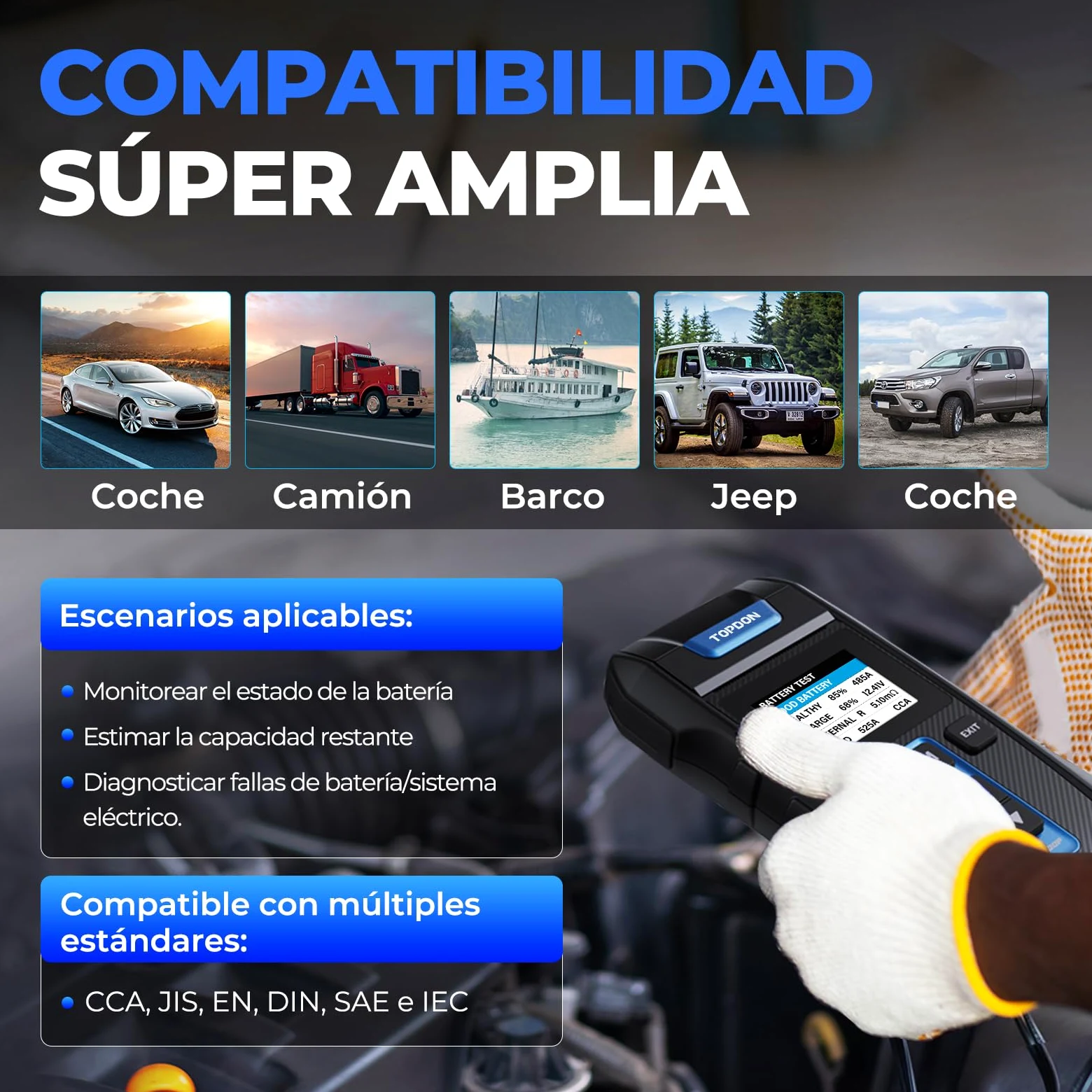 Probador de batería de 12 V/24 V con impresora incorporada Topdon BT300P, 100-2000 CCA - Probador de carga automático para prueba de batería/arranque/carga
