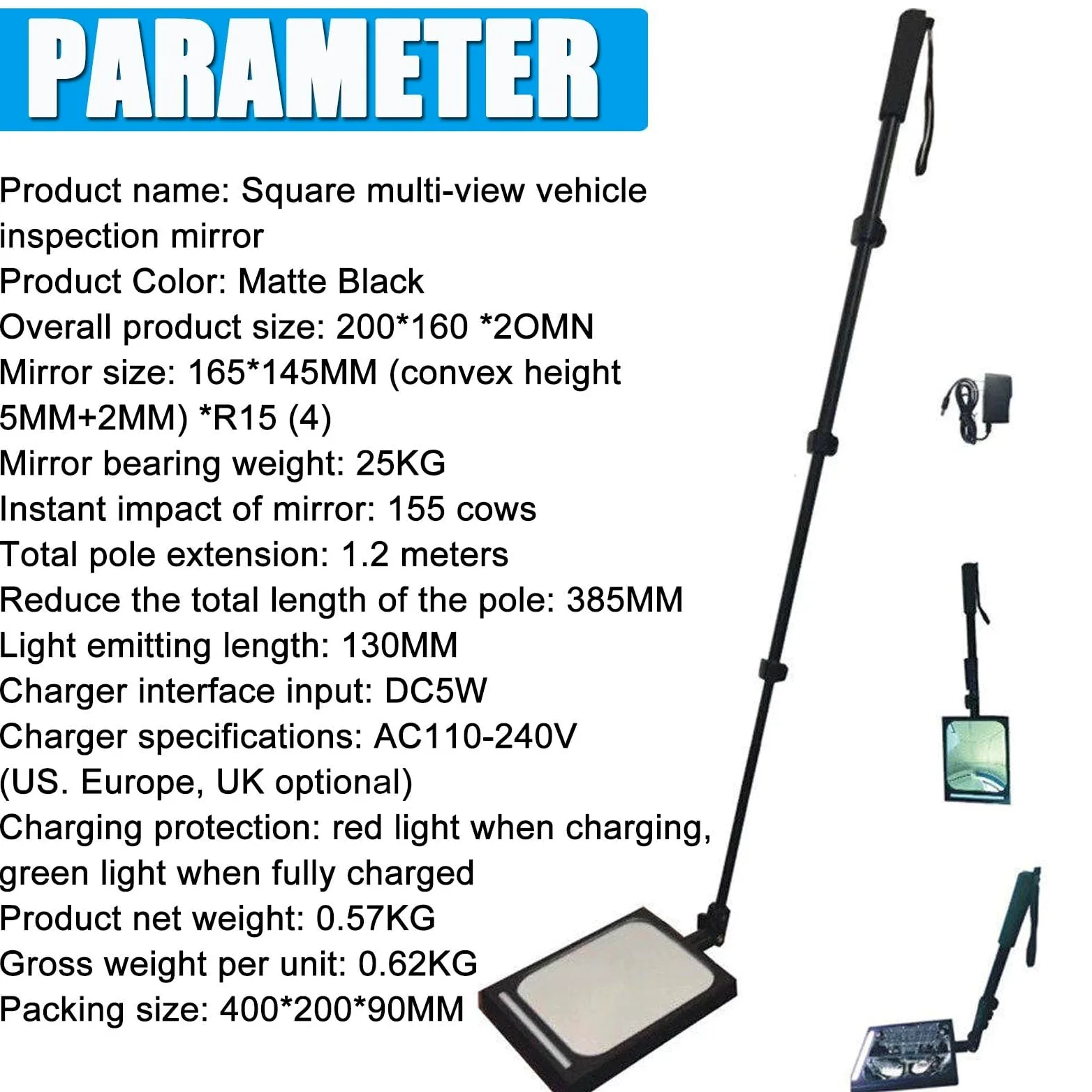Espejo De InspeccióN para VehíCulos con Luz Led para El Hogar, Espejo De InspeccióN para Bajos De CarroceríA, Mango RetráCtil Ajustable, Equipo Visual para VehíCulos, Recargable 1pcs