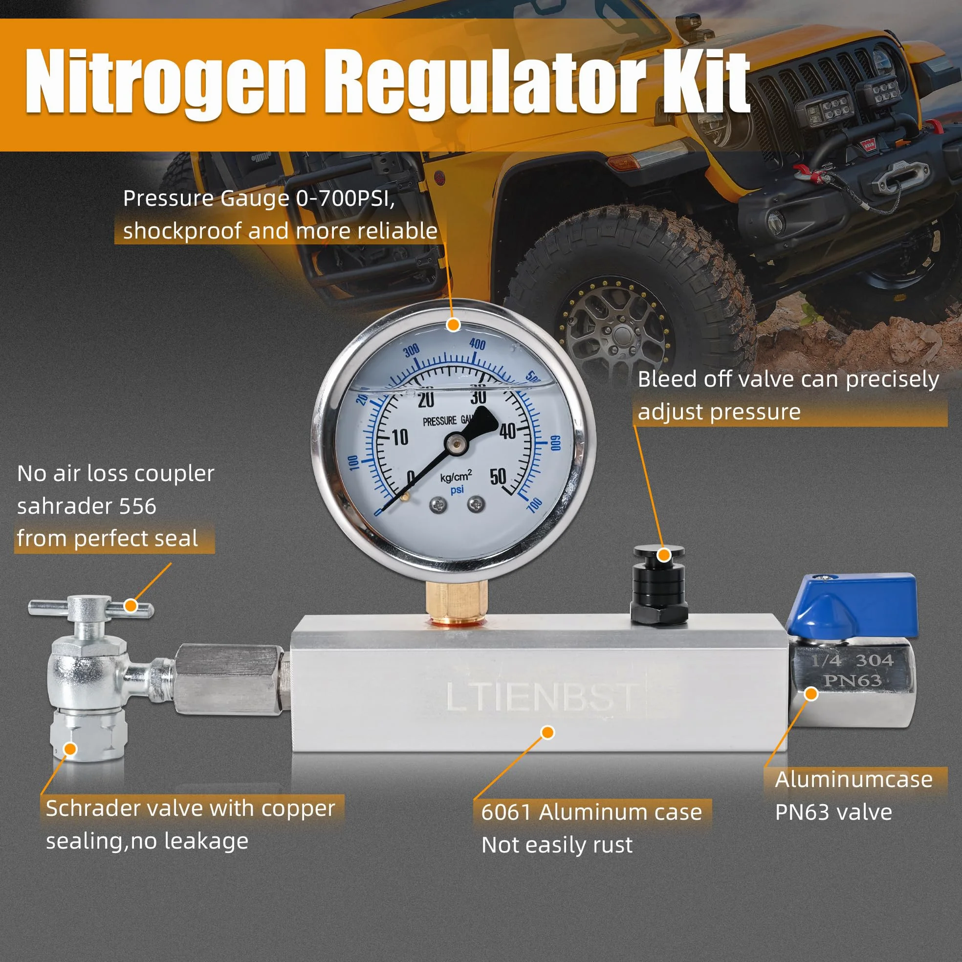 700PSI Kit Regulador de Nitrógeno Chuck Shock Fill Kit Herramienta de Prueba de Presión Compatible with ATV,UTVs,Off-Road Bike,or Cars' Shocks with Schrader Valves