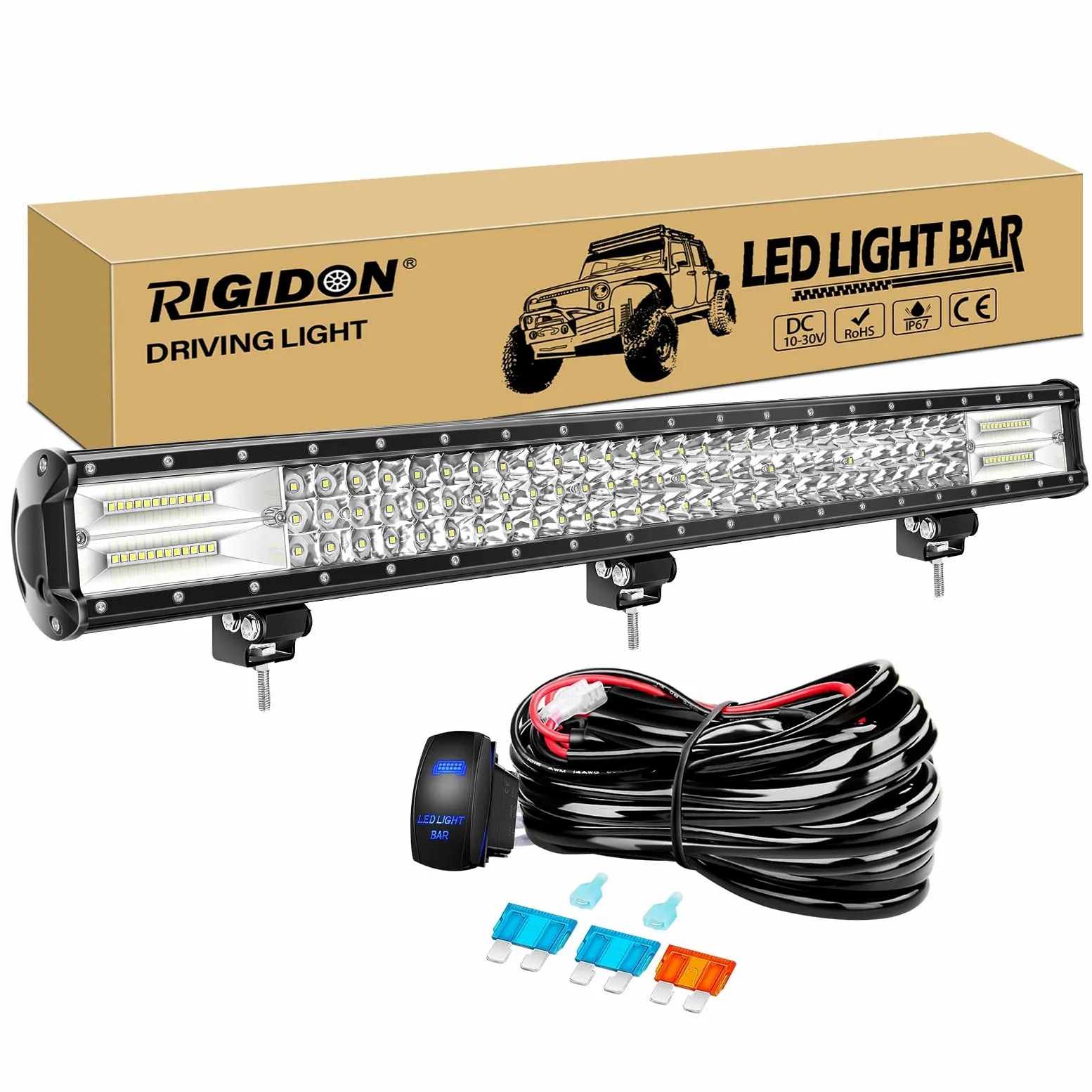 RIGIDON Barra de luz led Coche 4x4 73cm 28 Pulgadas 396W y 12V cableado Kit | tri fila barras luminosas led, lámpara de conducción, para off road camión coche ATV SUV 4x4 barco, 6000K blanco, impermeable