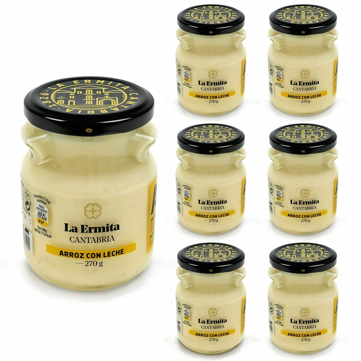 LA ERMITA Arroz con Leche Postre Lácteo Tradicional Tarro de Cristal Canela Limón Sin Gluten 270 g Pack 6