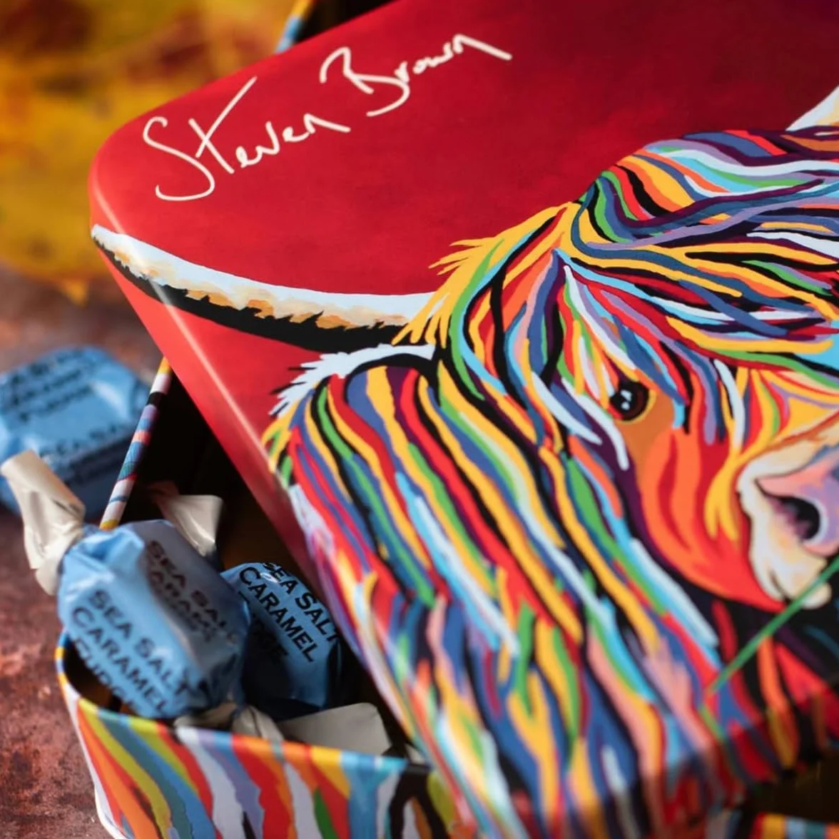 Gardiners of Scotland Steven Brown Lizzie McCoo tin of salted caramel fudge