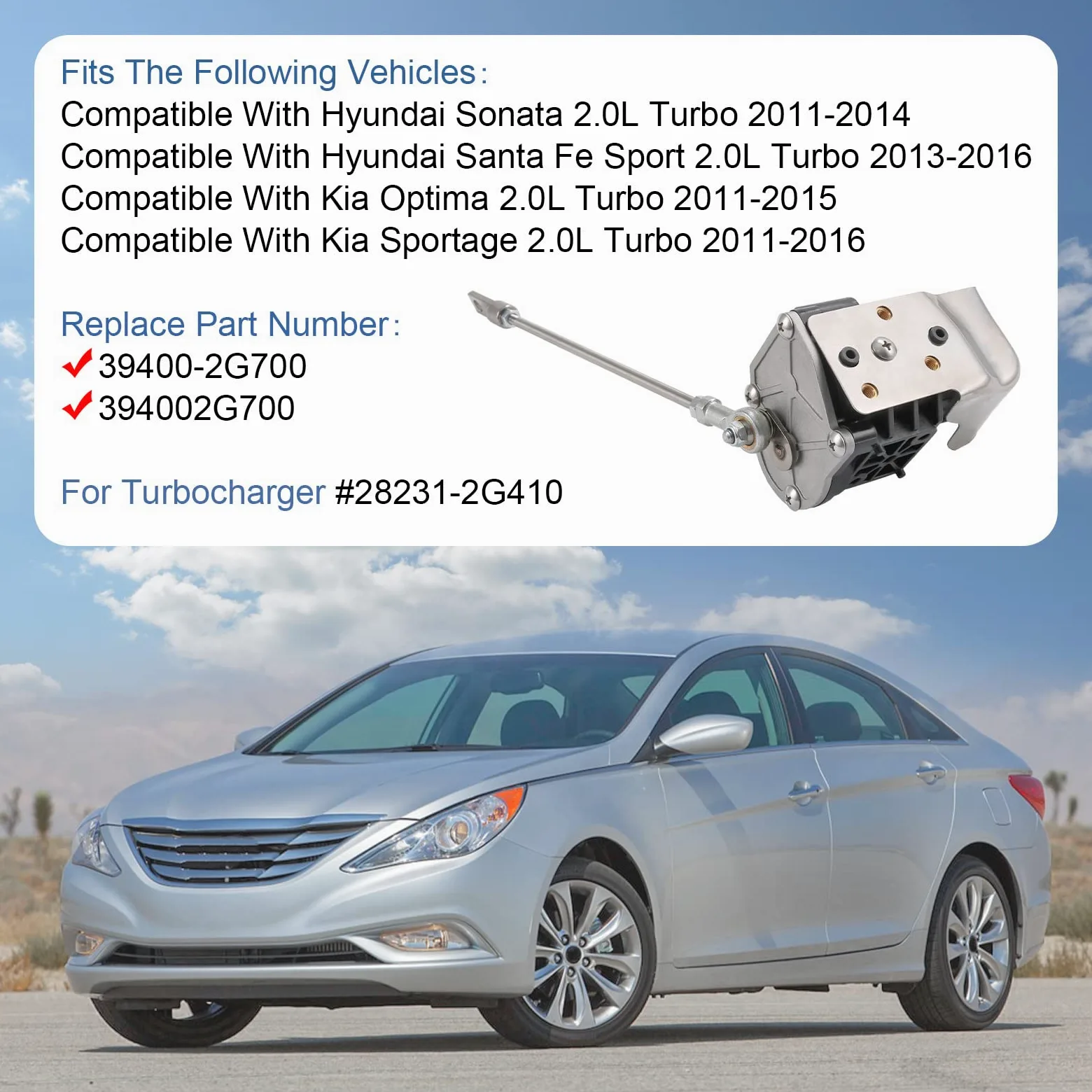Válvula de control Wastegate Turbo Charger Solenoide compatible con Hyundai 11-14 Sonata 13-16 Santa Fe Sport, Kia 11-15 Optima 11-16 Sportage 2.0L Turbo reemplaza # 39400-2G700