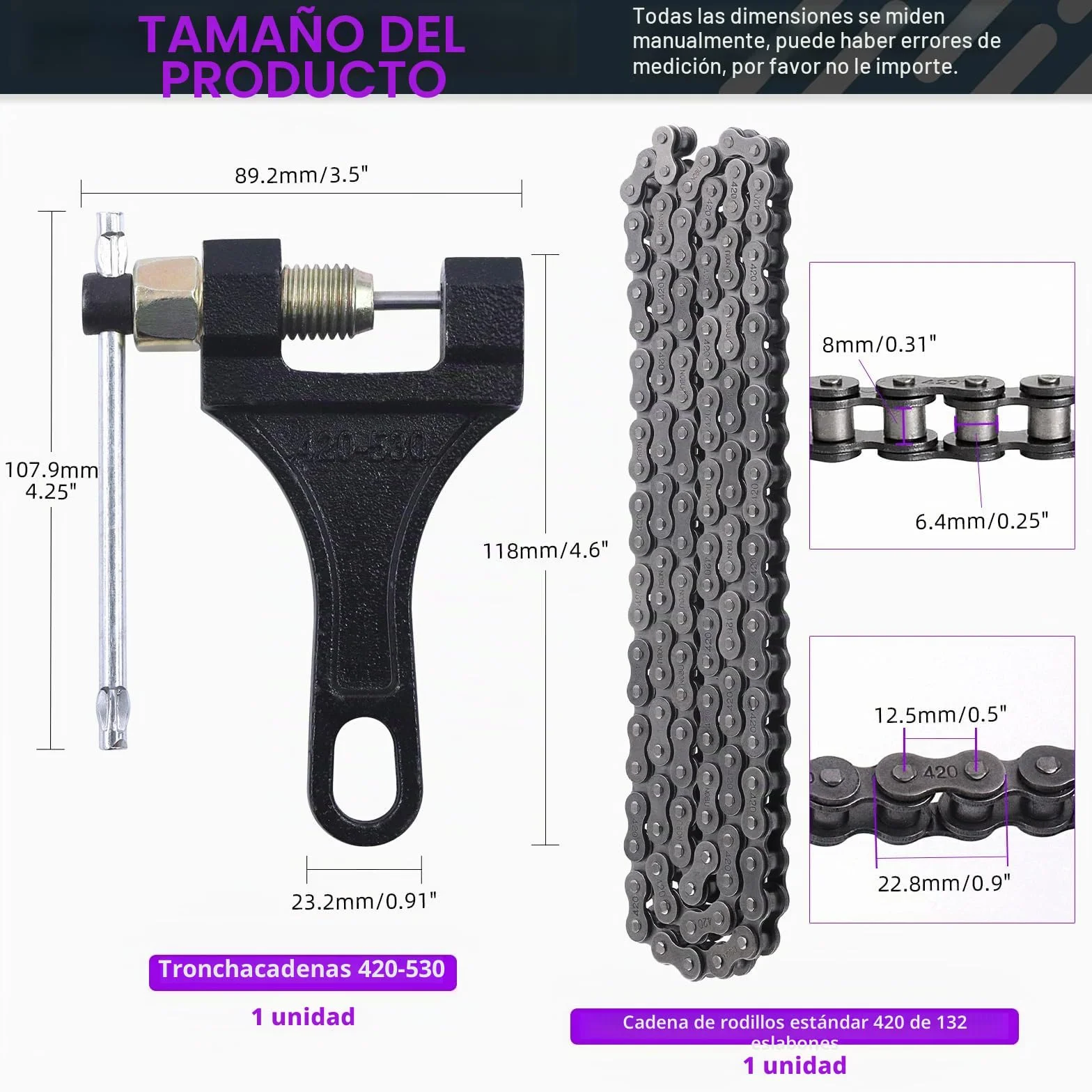 Sweet 2 cadenas 59" y 420 para motocicleta, 132 enlaces y trituradoras, juego de surtido de cadena de transmisión de acero al carbono, apto para motos 110 cc 125 cc Dirt Pit