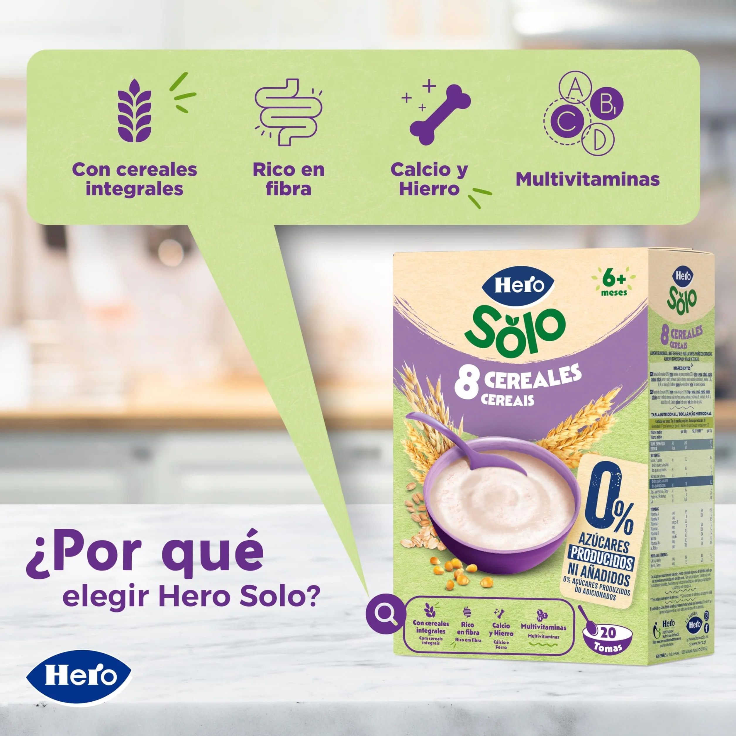 Hero Solo Papilla 8 Cereales Sin Azúcares Añadidos para Bebés a partir de 6 meses