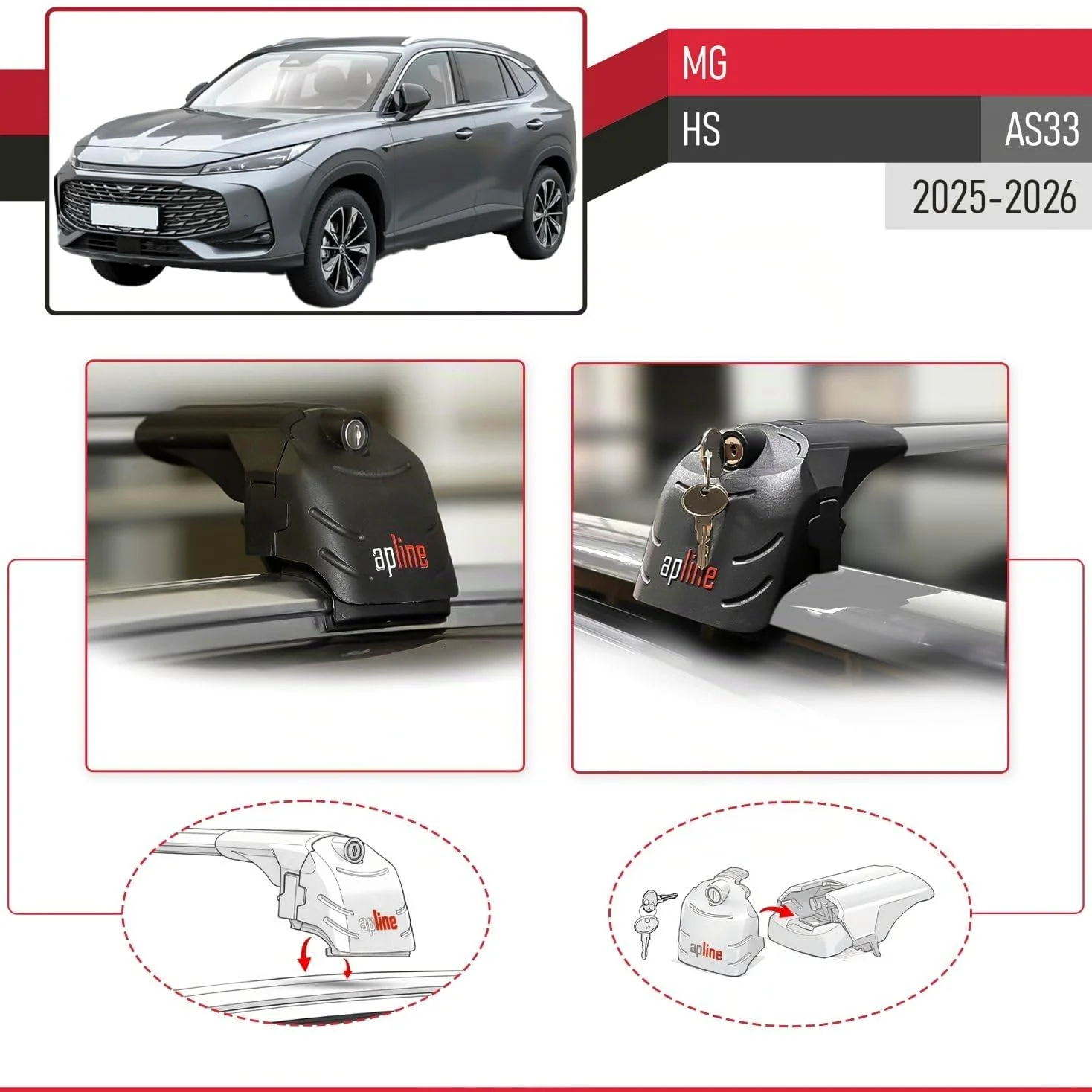 Compatible con MG HS 2025-2026 Ace-2 Barras de Techo Auto Portaequipajes Barras Transversales Gris Aluminio 2 Barras