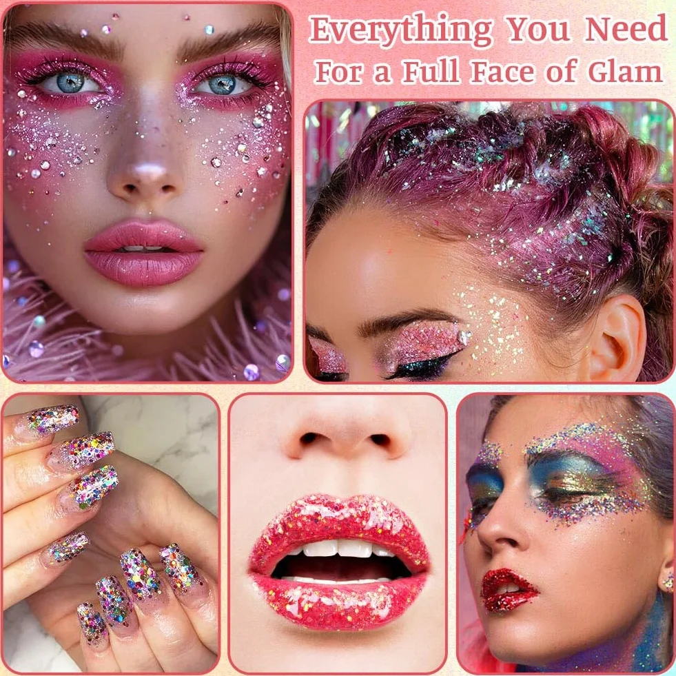 Purpurina Cara Gel 18g Festival Gel Purpurina Líquida Corporal Chunky Glitter Carnaval (Azul+Rosa+Plata+Blanco+Oro+Rojo Rosa)