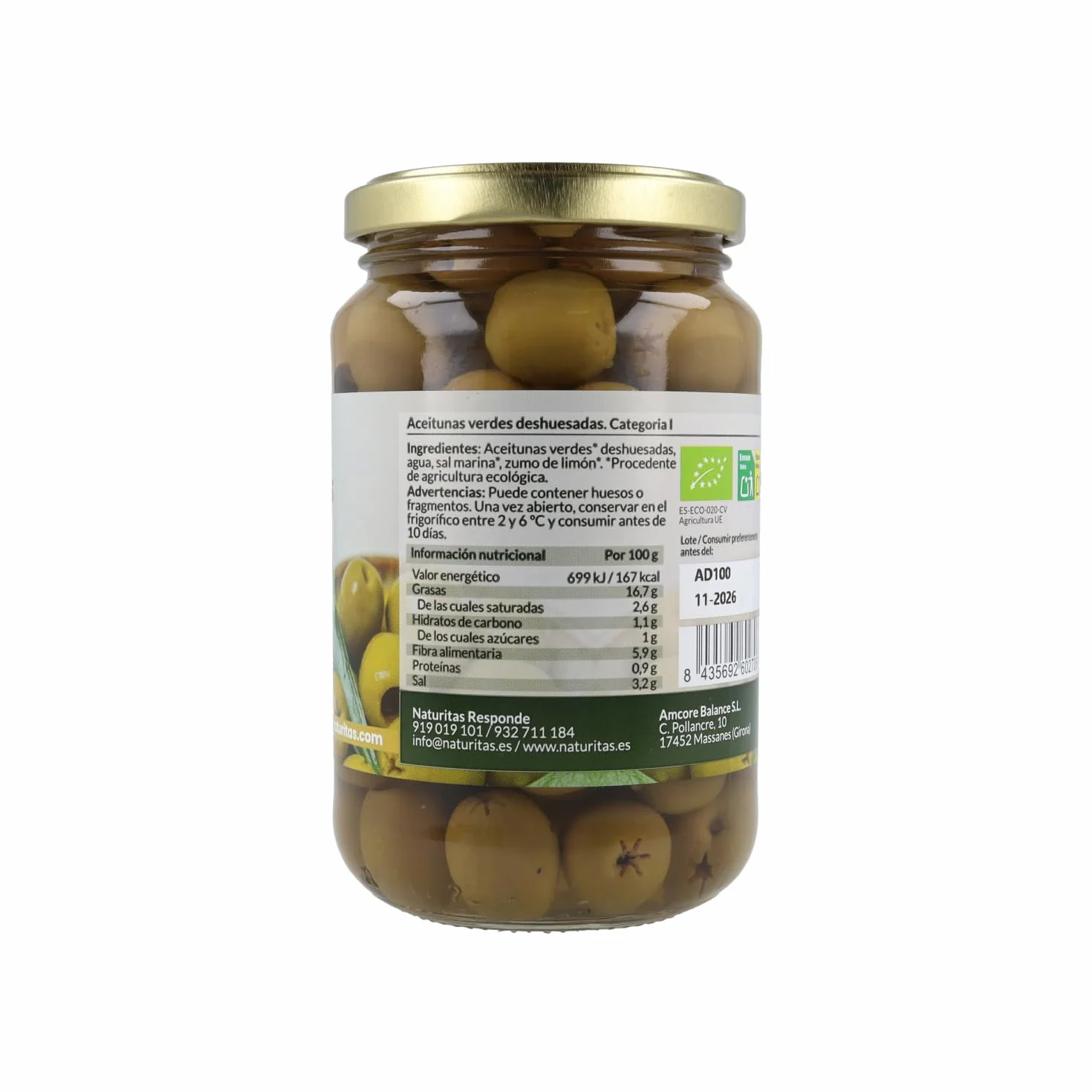 Aceitunas Verdes Deshuesadas Naturitas Essentials Manzanilla 335 g España