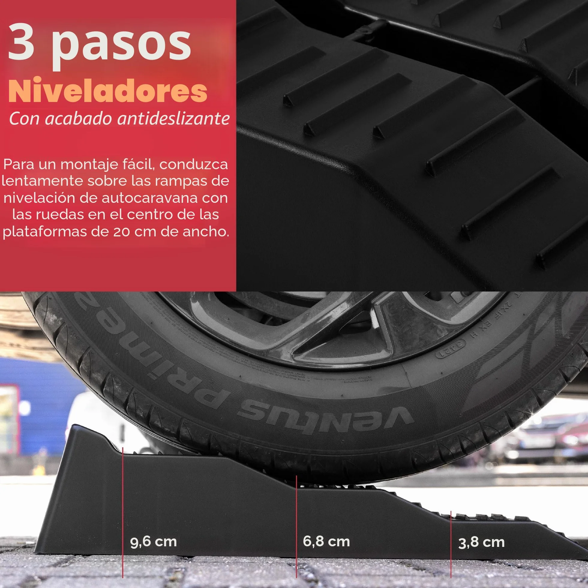 GADLANE Cuñas Niveladoras Autocaravana - 2 PCS Calzos Autocaravana de Alta Resistencia con Ranuras Antideslizantes - para Caravana, Furgonetas Camper y Remolques (Capacidad: 4,5 Toneladas) - Negro
