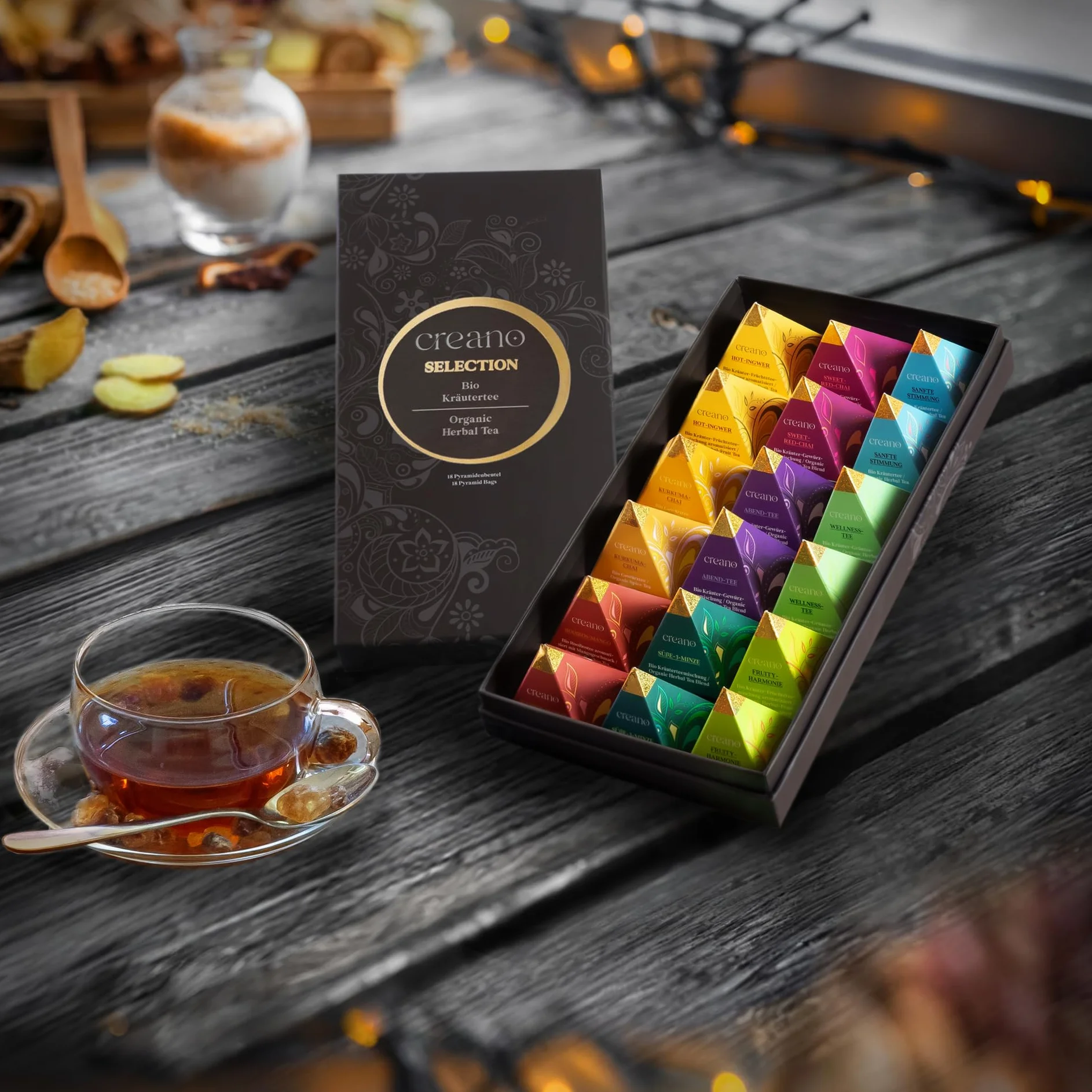 Creano Set de Regalo de Té Bio Infusión de Hierbas 18 Bolsitas Piramidales 9 Variedades Surtidas Sin Cafeína