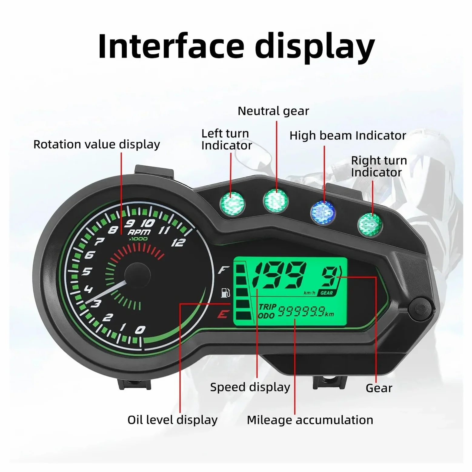 Velocímetro Digital para motocicleta medidor 12000 RPM | Tacómetro universal para motocicleta medidor 12000 RPM, velocímetro indicador marcha del vehículo, odómetro de viaje,