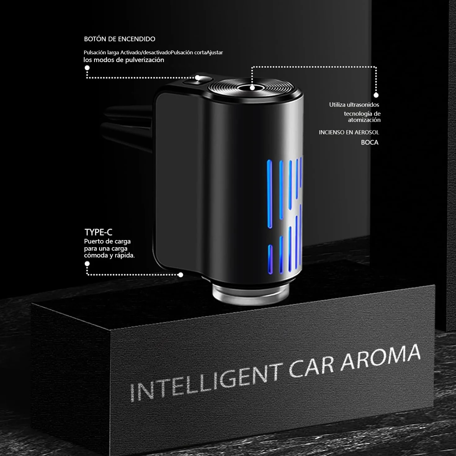 AI Eléctrico Ambientador Coche con 6 perfumes, Nebulizador Ultrasónico, 3 Modos Inteligentes, Encendido/Apagado Automático, Batería Incorporada, Perfume Francés Natural,Fragancia Hasta 12 Meses CFK-6Z
