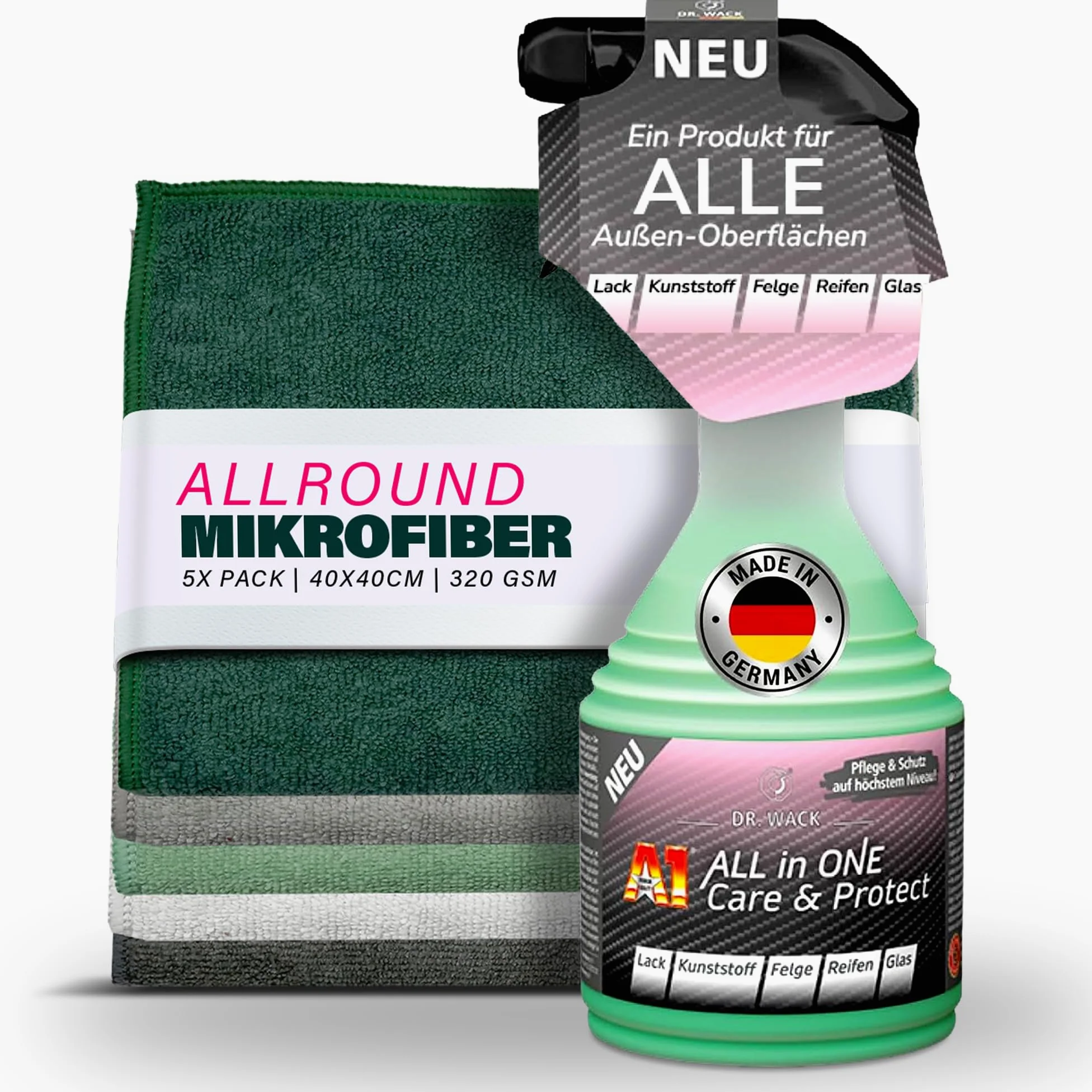 Dr. Wack A1 All in One Care & Protect Spray con 5 paños de microfibra, sellado con efecto perlado para todas las superficies exteriores