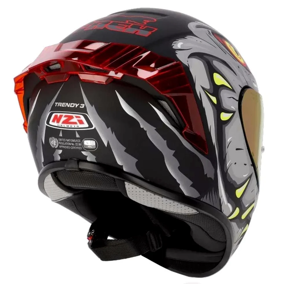 NZI Trendy 3 Stream Raptor Grey Red Mate - Casco de Moto Integral con Pantalla Oscura + Transparente + Spoiler ECE 22.06 - Unisex Hombre y Mujer (S)