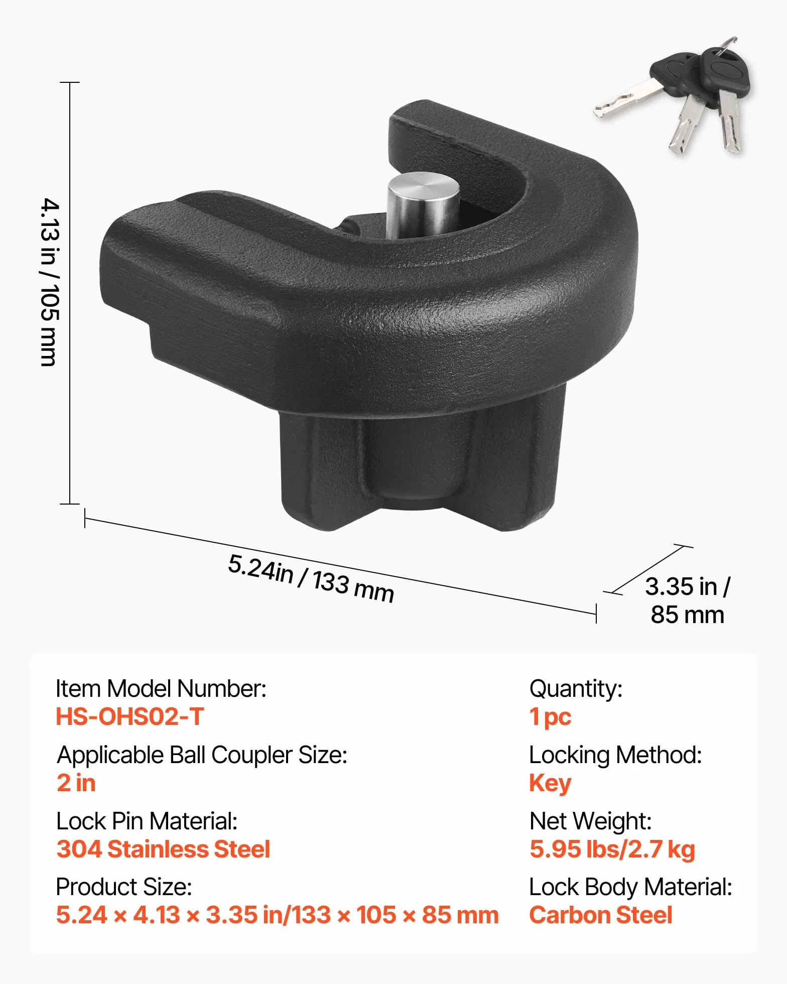 VEVOR Candado para Enganche de Remolque, para Acopladores de 5,08 cm, con 3 Llaves, Resistente a la Palanca y a los Impactos, Apto para Autocaravanas, Barcos, Vehículos Todoterreno y Remolques