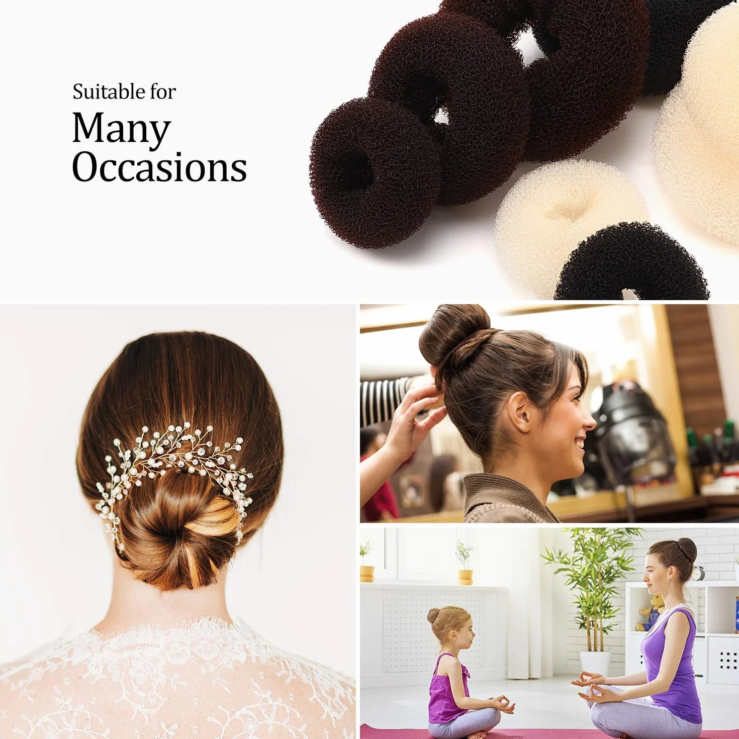 Donut Bun Maker Moño de Pelo Conjunto Anillo 9 Piezas con Bandas Elásticas y Horquillas Negro Marrón Beige