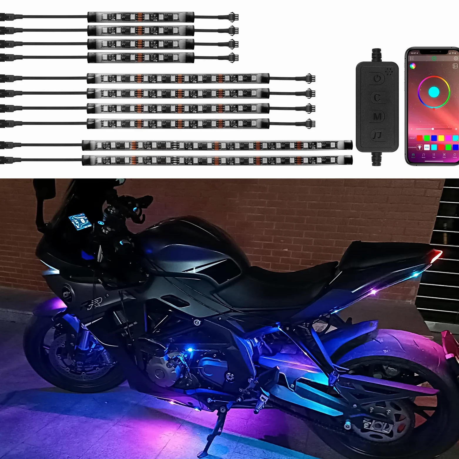 Kit de 10 Luces LED para Motocicleta, Tiras LED RGB, Kit de Luces subidas para Motocicleta con Control de aplicación para Harley Davidson, Honda, Kawasaki, Suzuki