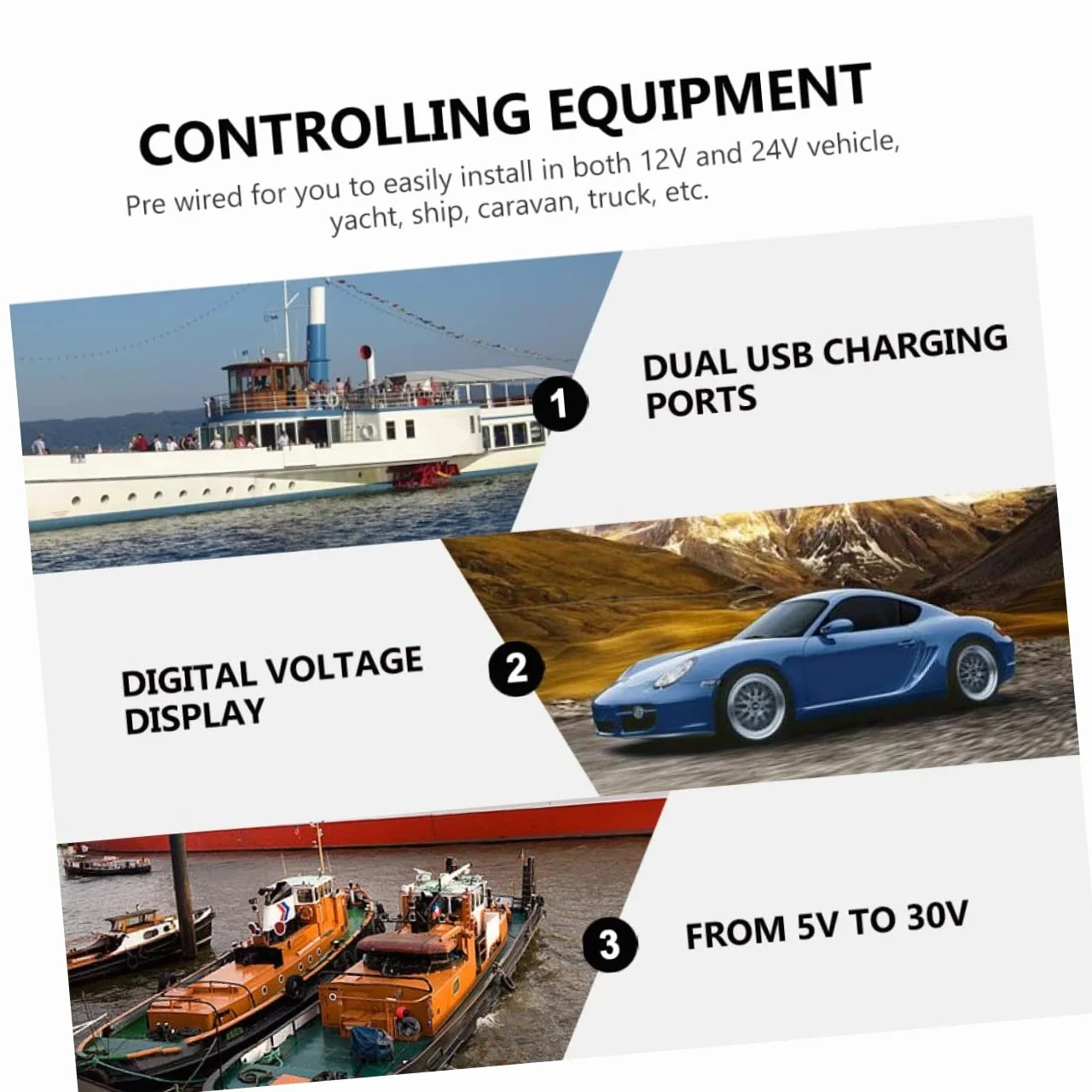 Panel de Control Marino Doble USB 4.2a y Voltímetro para Coche, Camión y Rv