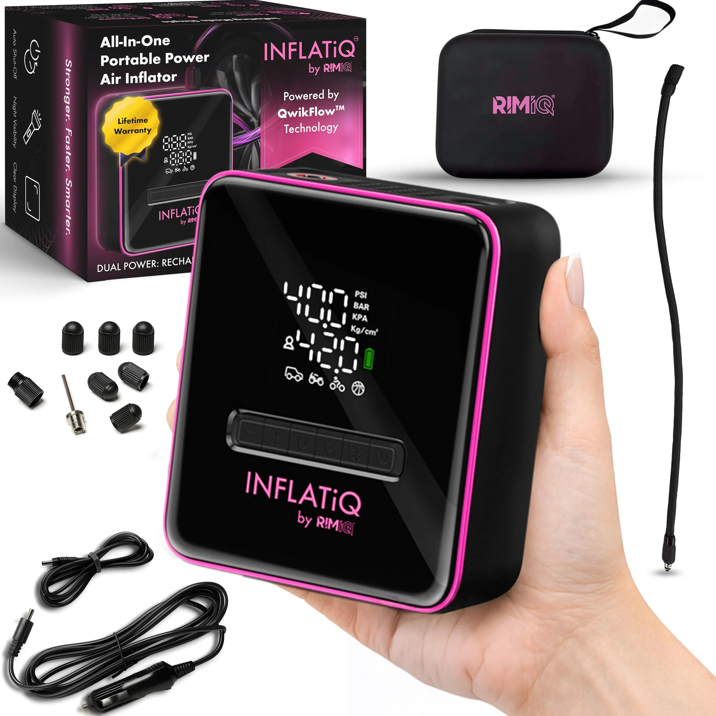 Inflador de neumáticos INFLATiQ by RIMiQ P – Potente y galardonada tecnología QWIKFLOW con 2 opciones de energía portátiles incluidas, bomba de aire fuerte para vehículos, camiones, automóviles