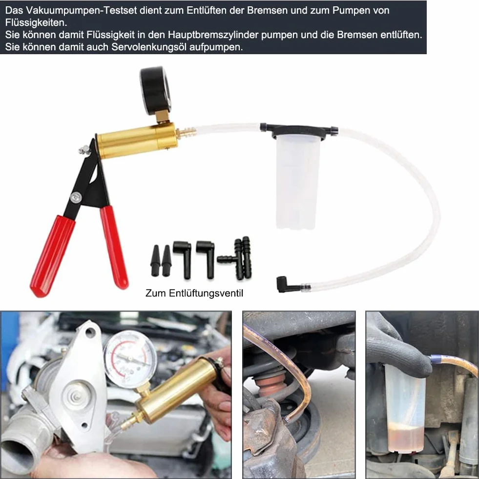 Dispositivo de purga de frenos, bomba de vacío, comprobador de vacío, adaptador para vehículos de motor, camiones y coches y motocicletas con bolsa de transporte
