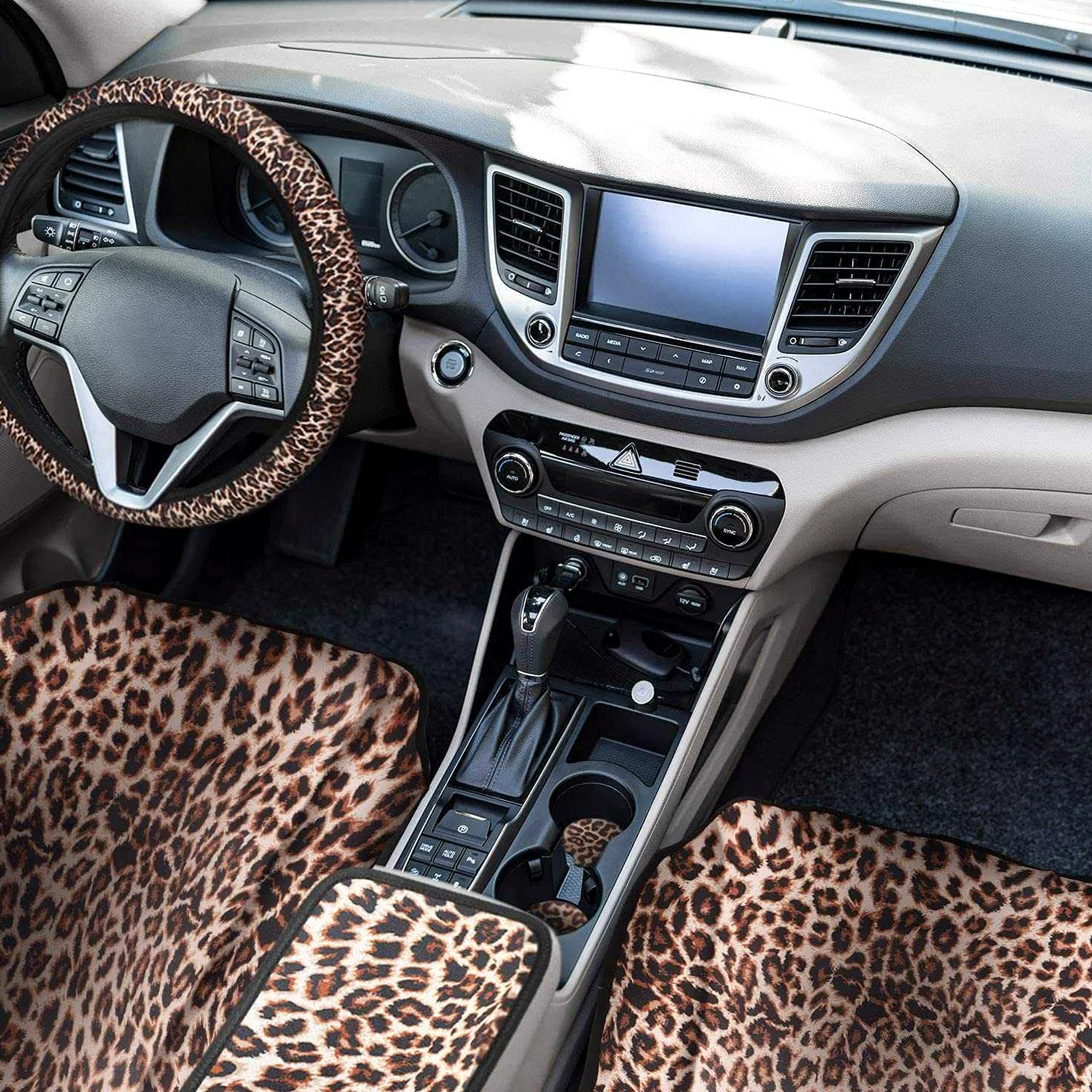Juego de 15 fundas de asiento con estampado de leopardo, para volante, almohadilla de seguridad, posavasos, reposabrazos acolchado y