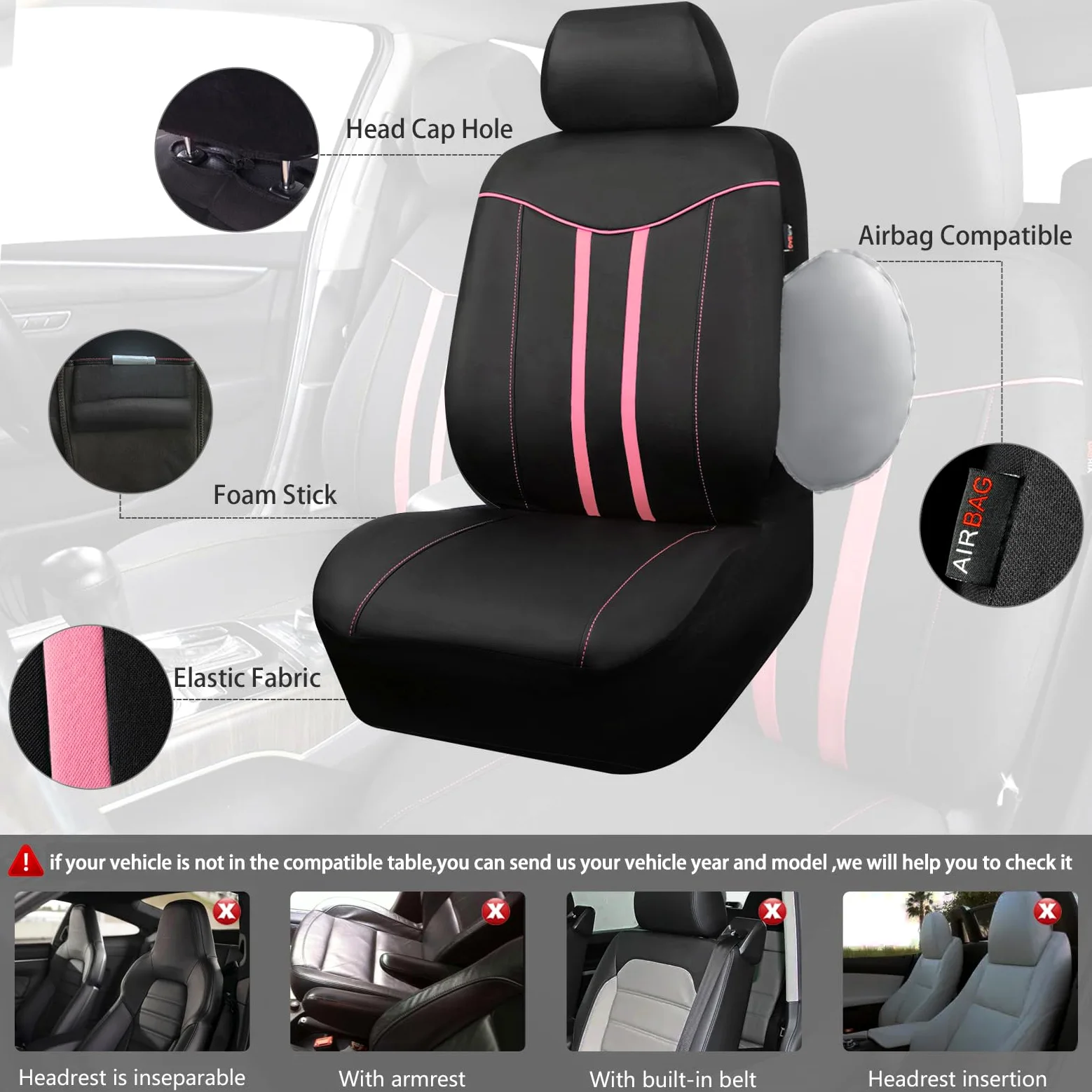 CAR PASS Juego completo de fundas de asiento de coche para mujeres y niñas con alfombrillas impermeables para automóvil, funda de volante de cuero antideslizante, ajuste universal para SUV,