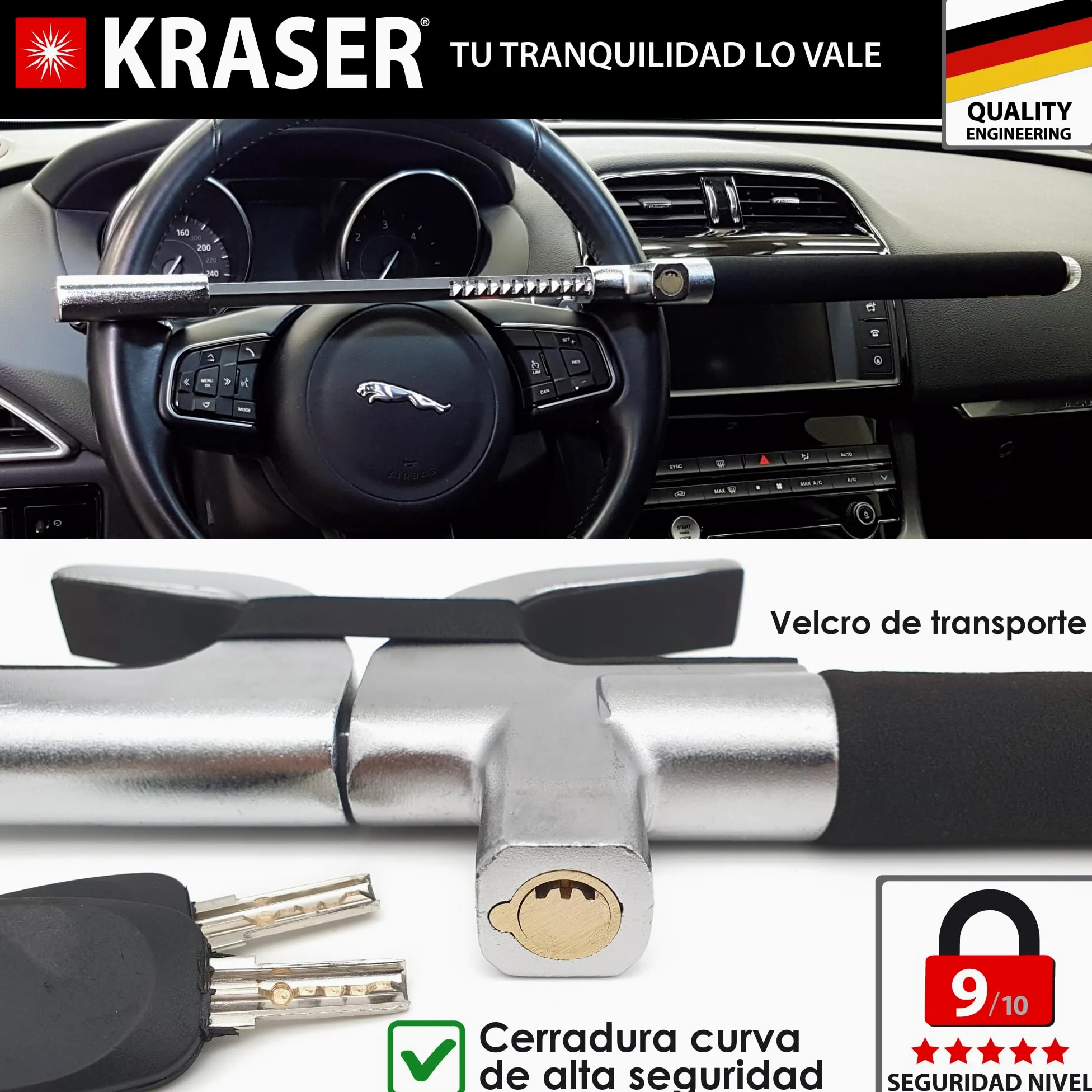 KRASER WA839B Antirrobo Coche, Alta Seguridad, Barra Volante Reforzada, Muy Visible y Disuasorio, Bloqueo Más Ajustable, Martillo Emergencia, Cepo Coche Universal SUV Furgoneta Autocaravana