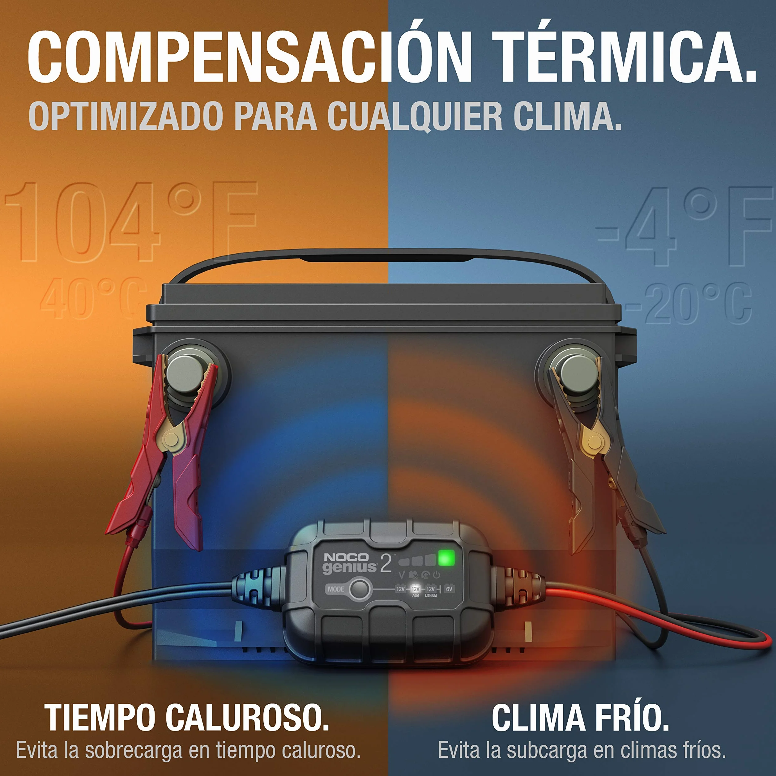 NOCO GENIUS2: Cargador Inteligente de baterías 2A 6V/12V – Mantenedor automático y desulfatador – Protección contra sobrecarga y compensación térmica – para baterías de Plomo y Litio
