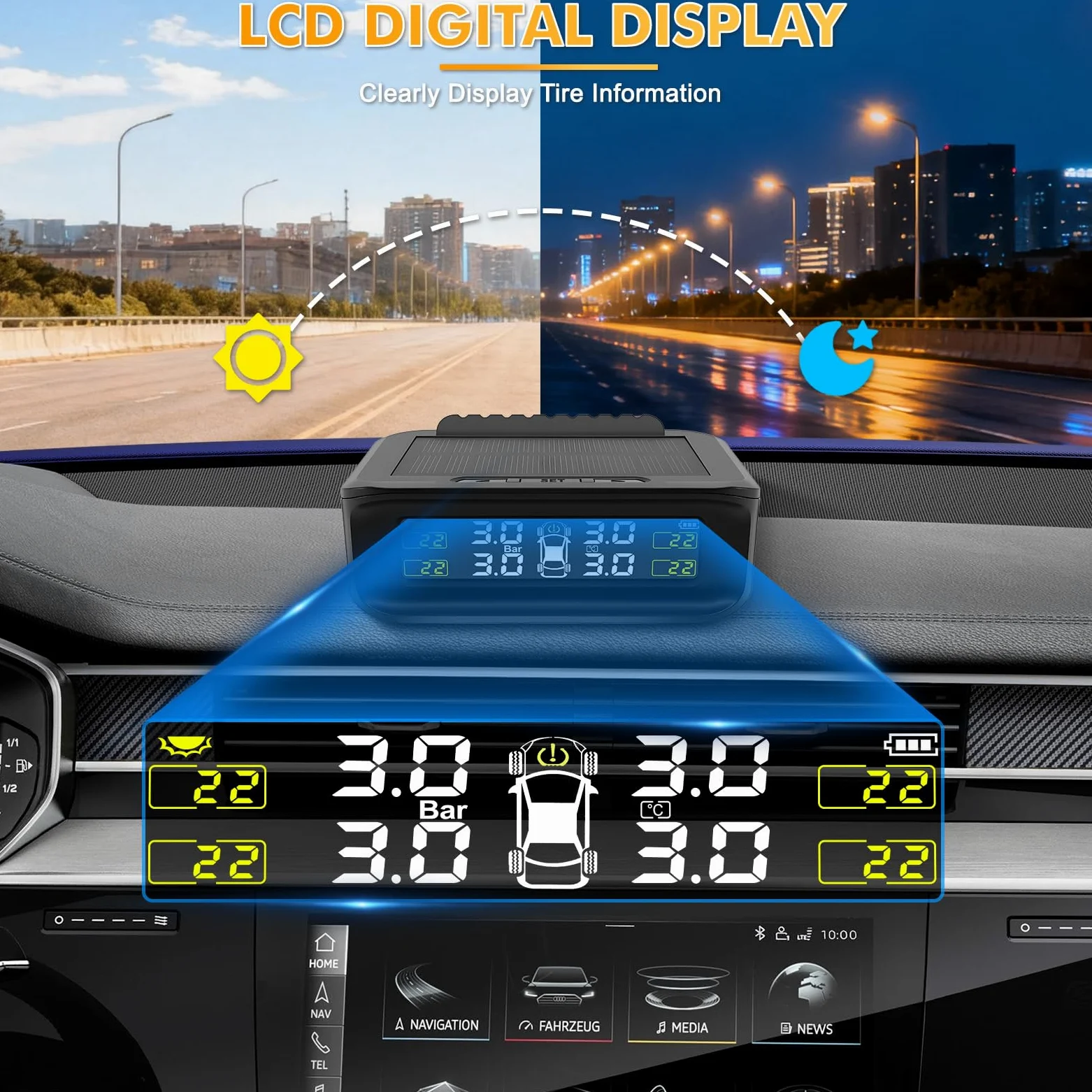 TPMS Sistema de Monitoreo de Presión de Neumáticos, Carga Solar/USB, 5 Funciones de Alarma, 4 Sensores Externos, 0-87 PSI/0-6.0 Bar,Compatible Berlina/SUV/MPV