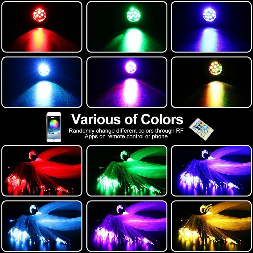 Lámpara de techo de 16 W con efecto cielo estrellado de fibra óptica para auto con 650 piezas * 0,75 mm * 3 m Twinkle Meteor 2 en 1 Modelo Música Sync APP Control para regalos de boda Luces de