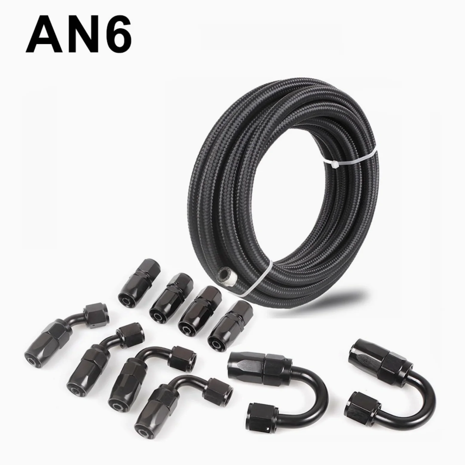 Juego de mangueras de nailon y acero inoxidable AN6, 6 m, para trenzadas, con 10 accesorios para aceite, combustible, hidráulica, color negro