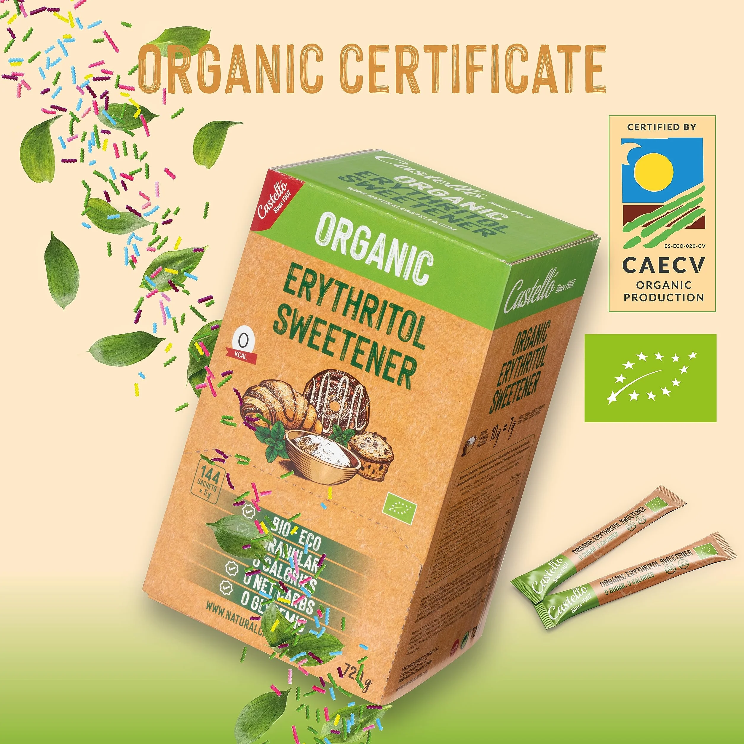 Castello Eritritol Ecológico 144 Sobres 5 g Sustituto del Azúcar Keto Paleo 0 Calorías No OGM 720 g