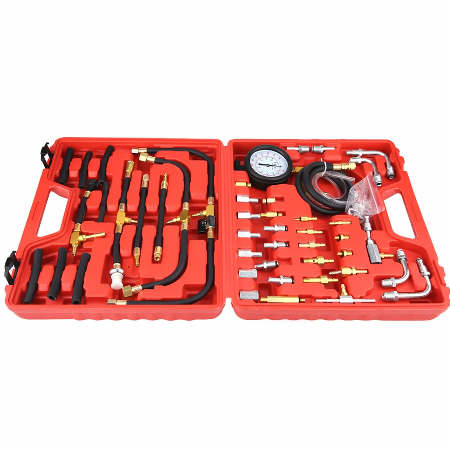 Keenso Kit de prueba de presión de combustible de gasolina, herramienta de diagnóstico de bomba de inyección de combustible de cobre y caucho, de 0 a 140 PSI con válvula de alivio y adaptadores para