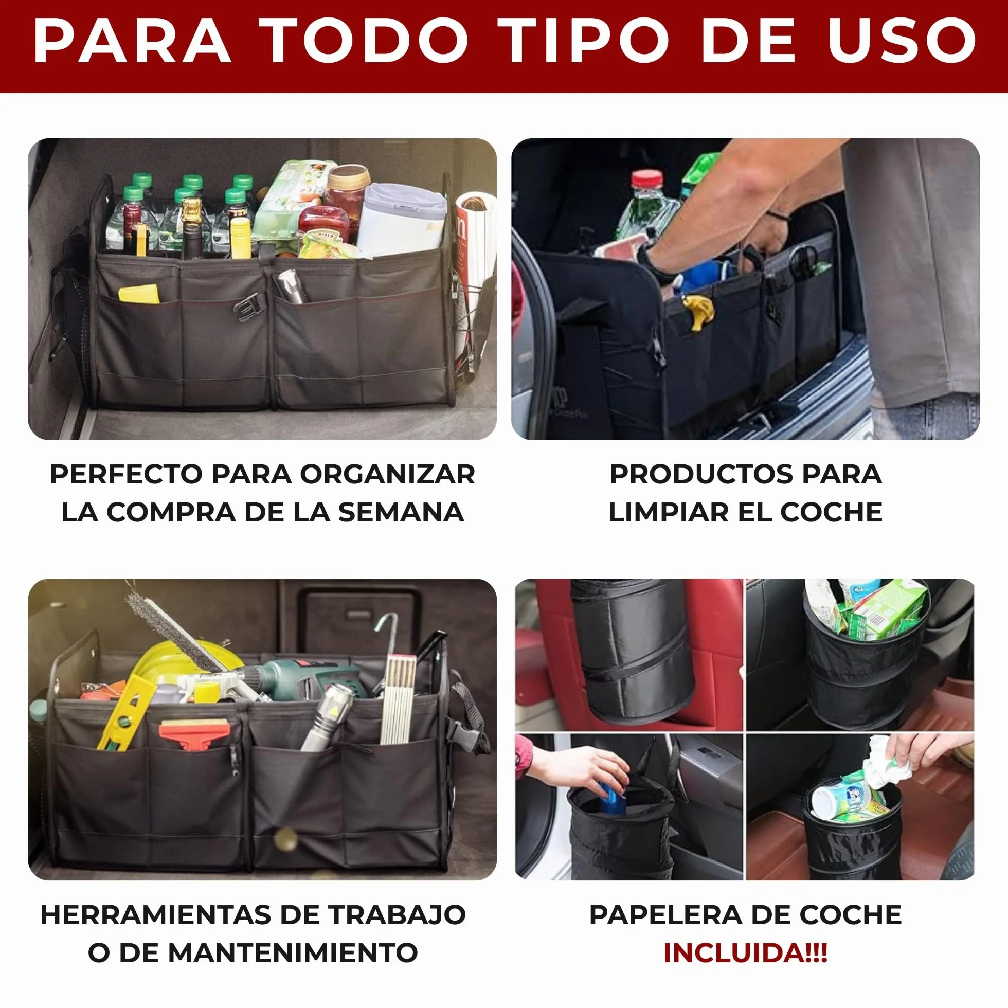 Organizador de Maletero Coches y SUV, Plegable con Tapa, Ajustable, 2 en 1 Set - Caja Maletero - Bolsa Maletero Coche - Organizador Coche Maletero - Caja Plegable