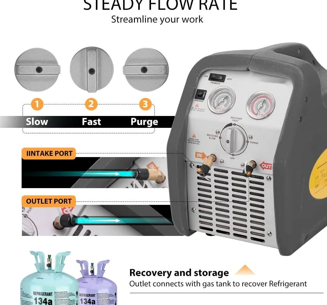 Máquina portátil de recuperación de refrigerante 1hp/3/4 H -P - Máquina de recuperación de CA120V HVAC para refrigerante líquido
