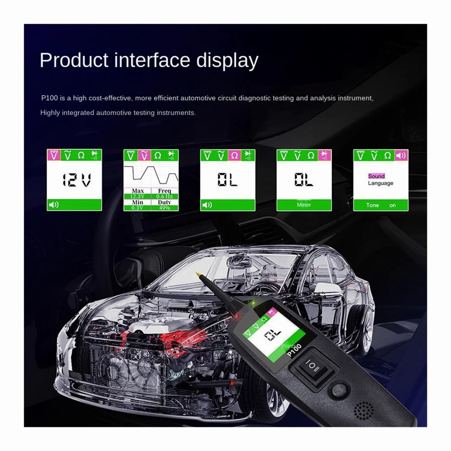 Comprobador de baterías de coche, Instrumento de diagnóstico circuitos camiones, motocicletas y automóviles P100, herramienta mantenimiento for pruebas cortocircuito, comprobador vehículos(10m tester)