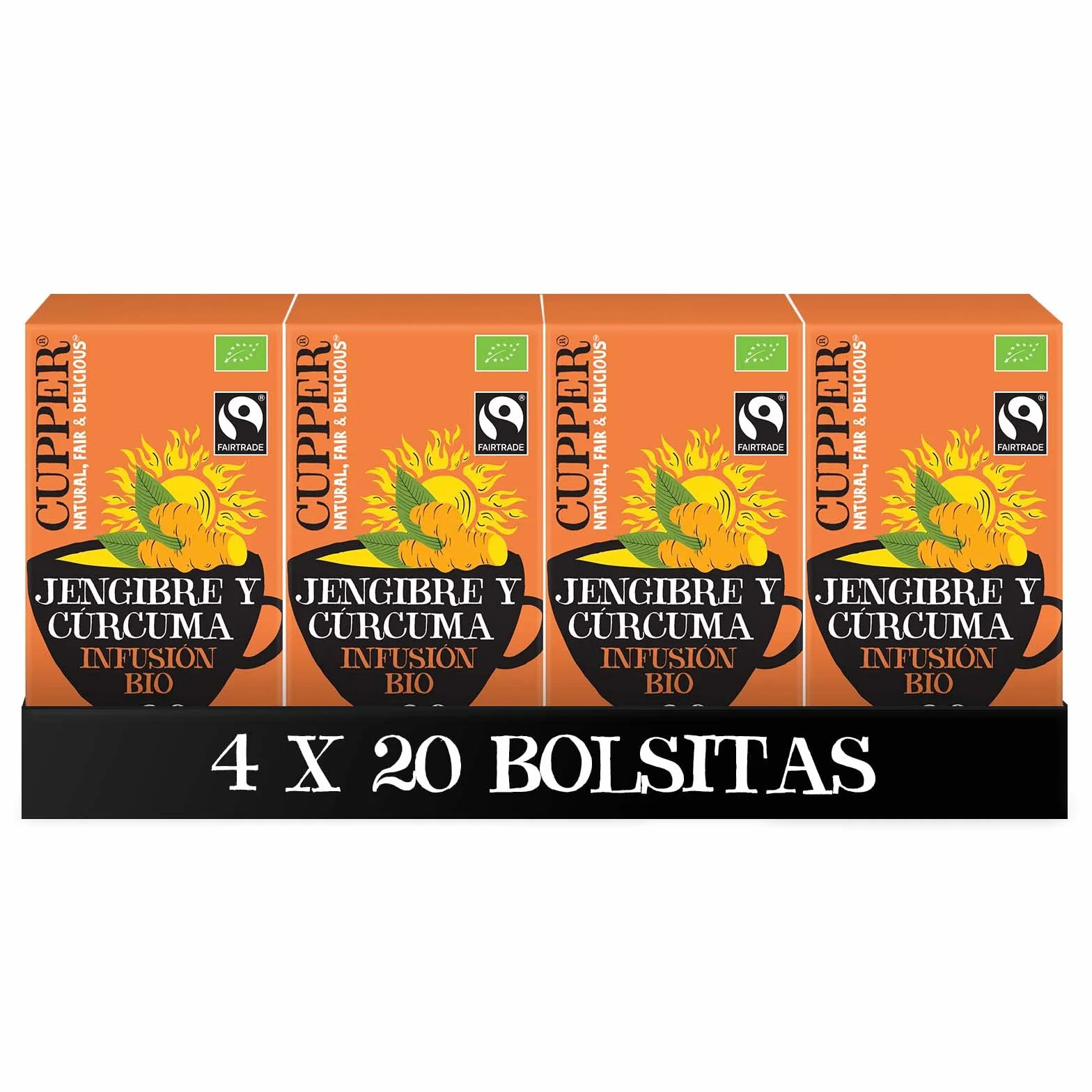 Cupper Infusión de Jengibre y Cúrcuma BIO Pack 4 Cajas 20 Bolsitas Ecológicas Antioxidante Vegano