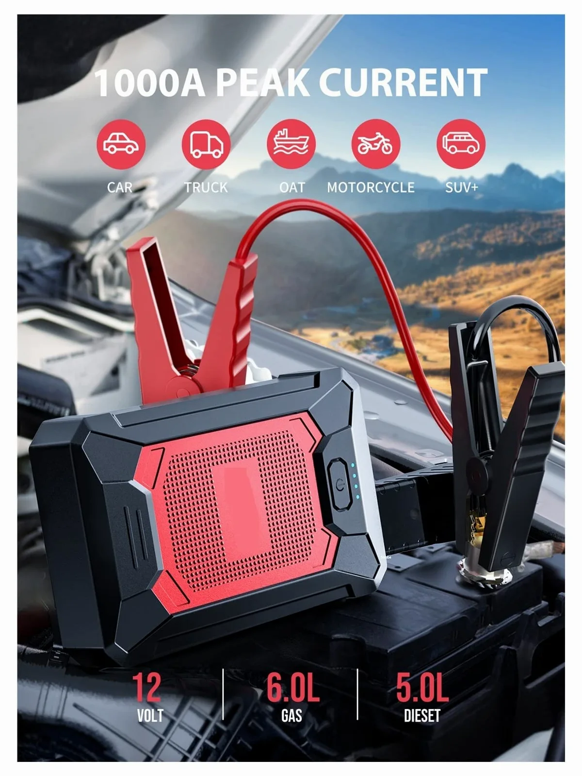 Cargador de Goteo Inteligente Coche 1000A 12000mAh Banco de energía portátil Mini Cargador de batería automático Impermeable Accesorios de Coche de batería Externa