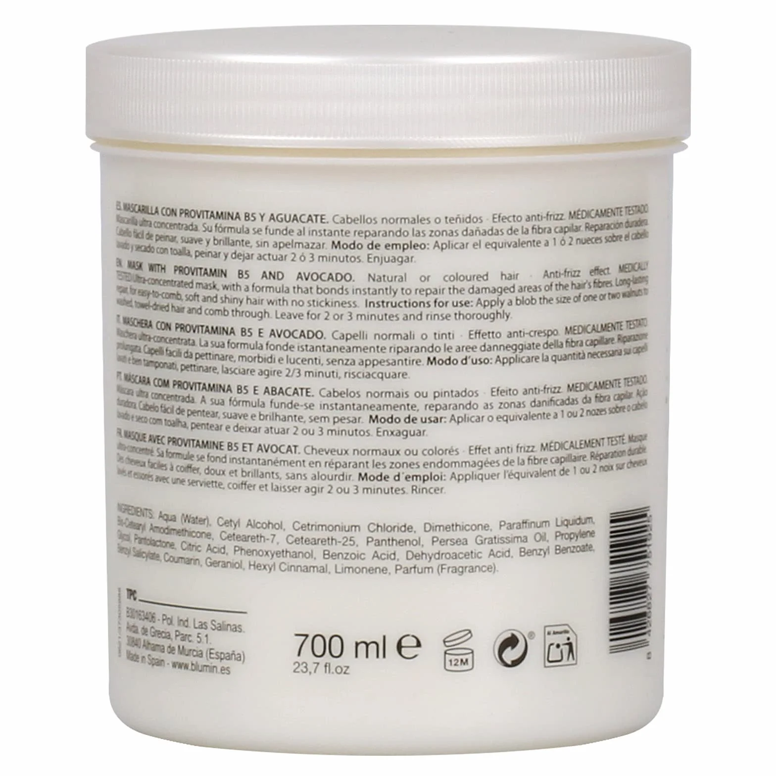 Blumin Mascarilla Anti-Frizz con Aguacate y Provitamina B5 700 ml para Cabellos Normales o Teñidos