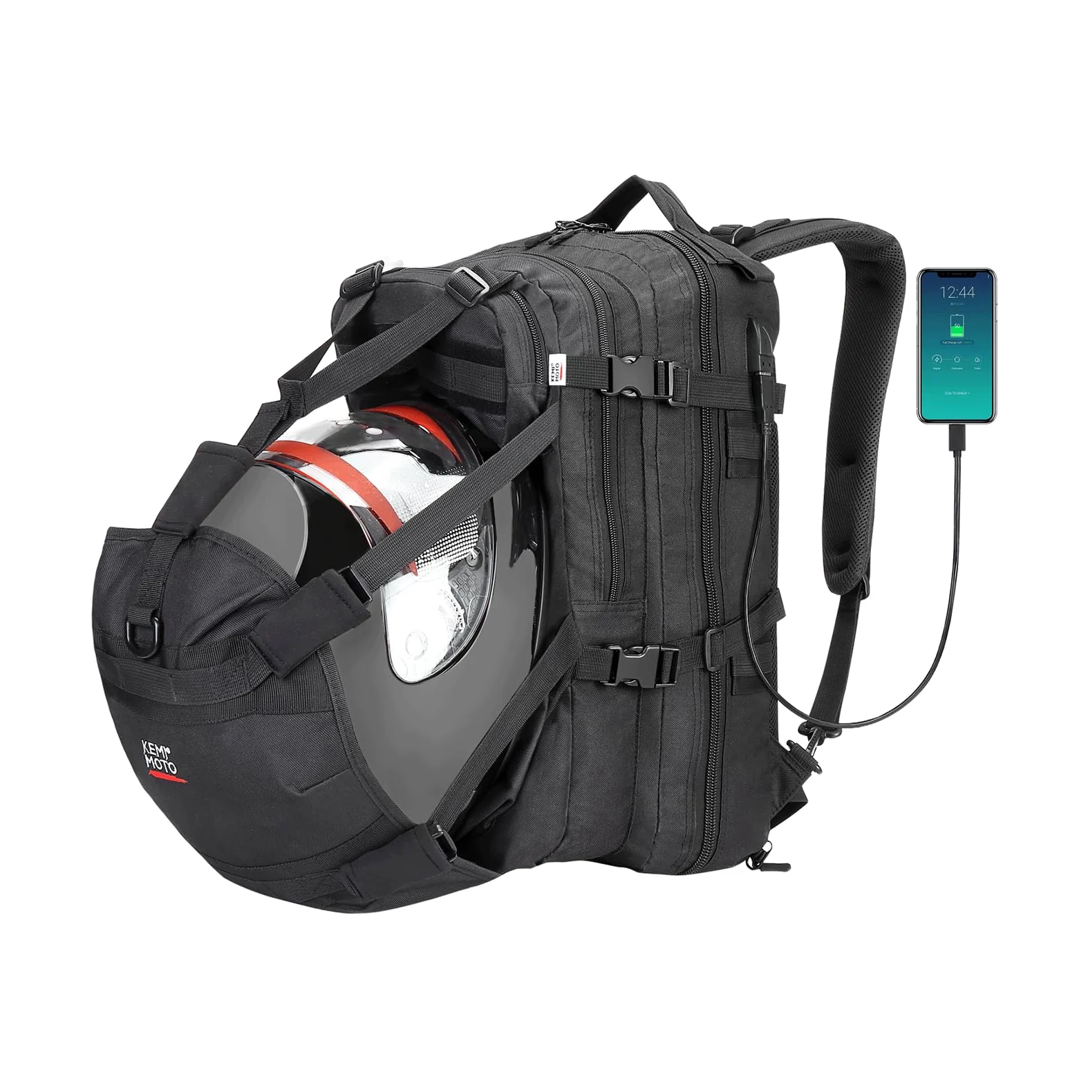 KEMIMOTO - Mochila para Casco de Motocicleta, Bolsa de Casco de 37L de Gran Capacidad con Puerto de Carga USB, Mochila de Conducción y Desplazamiento para Hombres