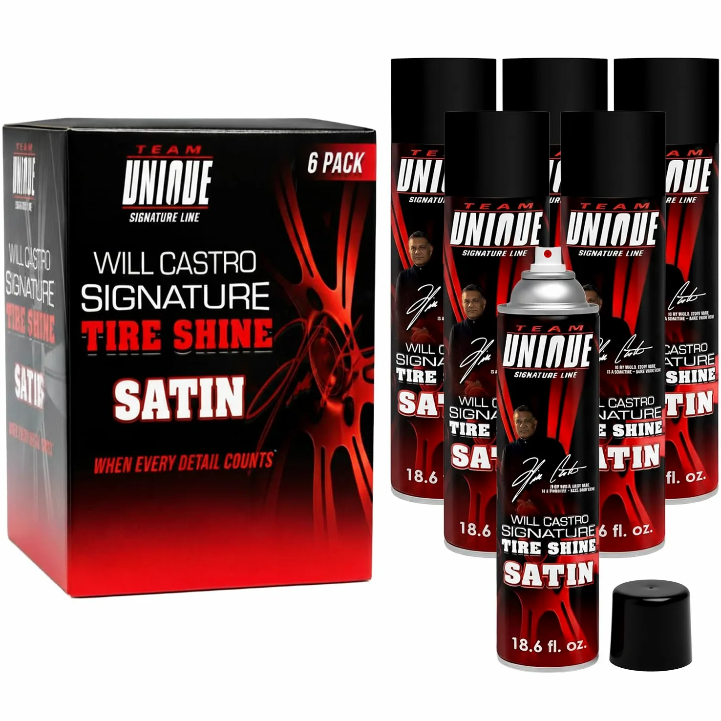 TEAM ÚNICO Tire Shine Satin - 510,3 g, lote de 6 | Fórmula avanzada para un brillo satinado duradero | Protege los neumáticos contra grietas y decoloración | Spray no graso, de baja eslinga
