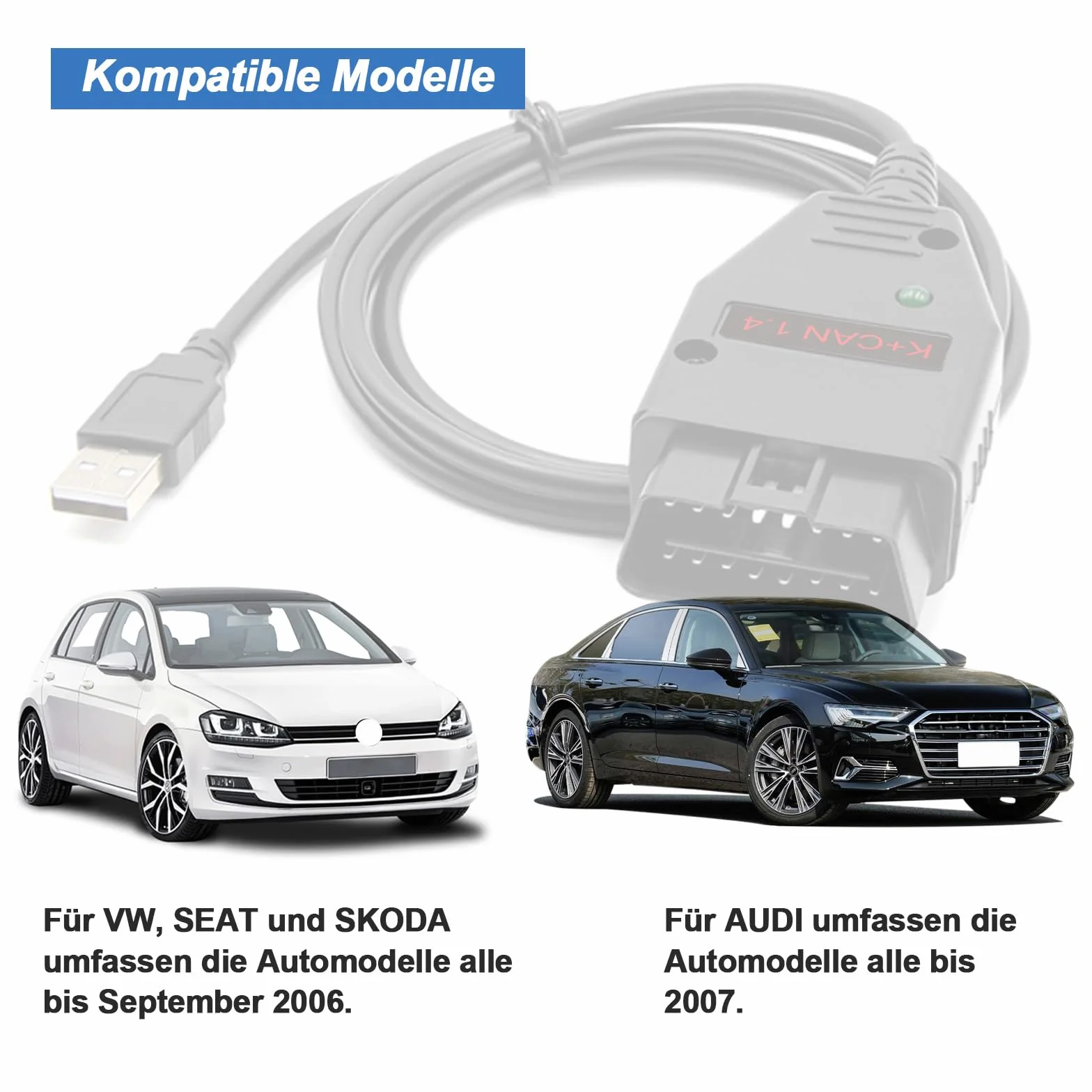 para K Can Commander v1.4 Cable OBD2 a USB,para vehículos BMW/Audi/Skoda/Seat/Nissan,Compatible con k+Can Commander 1.4 y Herramienta de escaneo de Software de programación ECU V-vvTOOL
