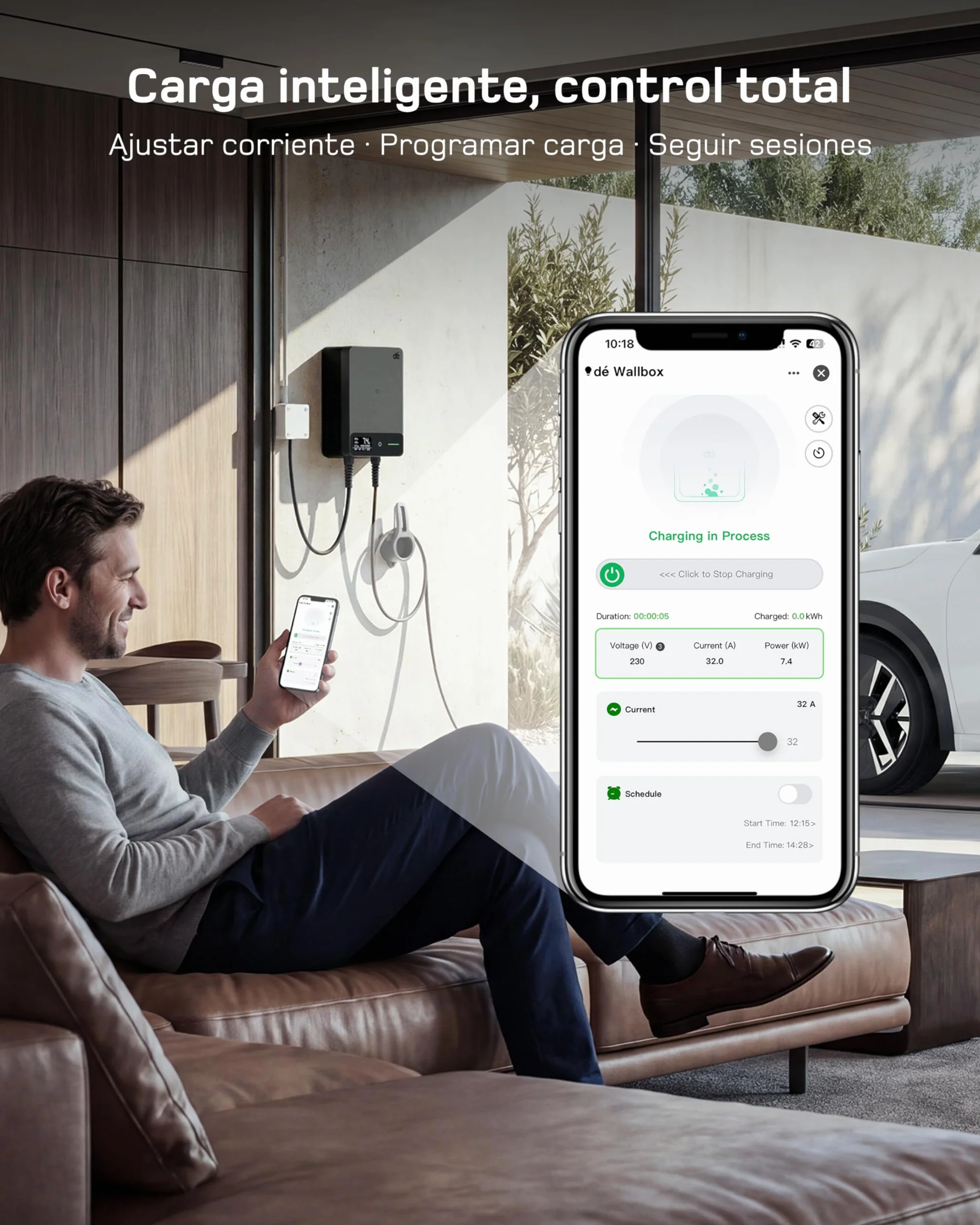dé Wallbox 7,4 kW Monofásico con App, Cable Tipo 2 de 7,5 m, RFID, Cargador Coche Eléctrico 7,4 kW 6–32 A 230 V, con RCD Tipo A 30 mA CA + 6 mA CC, IP54, para Model Y/3 y Otros BEV/PHEV, Negro