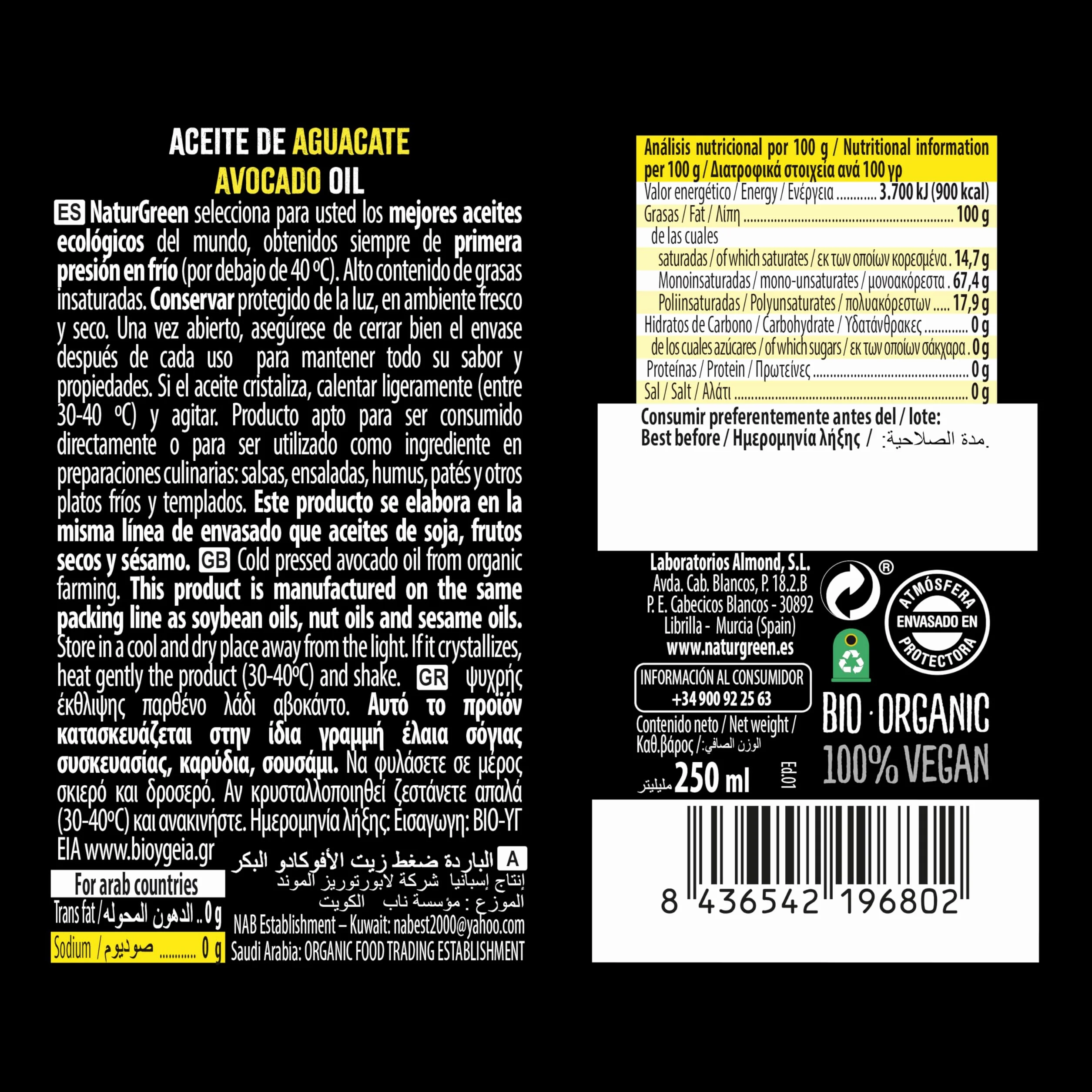 NaturGreen Aceite de Aguacate Bio 250 ml, Primera Presión en Frío, Rico en Ácidos Grasos Saludables