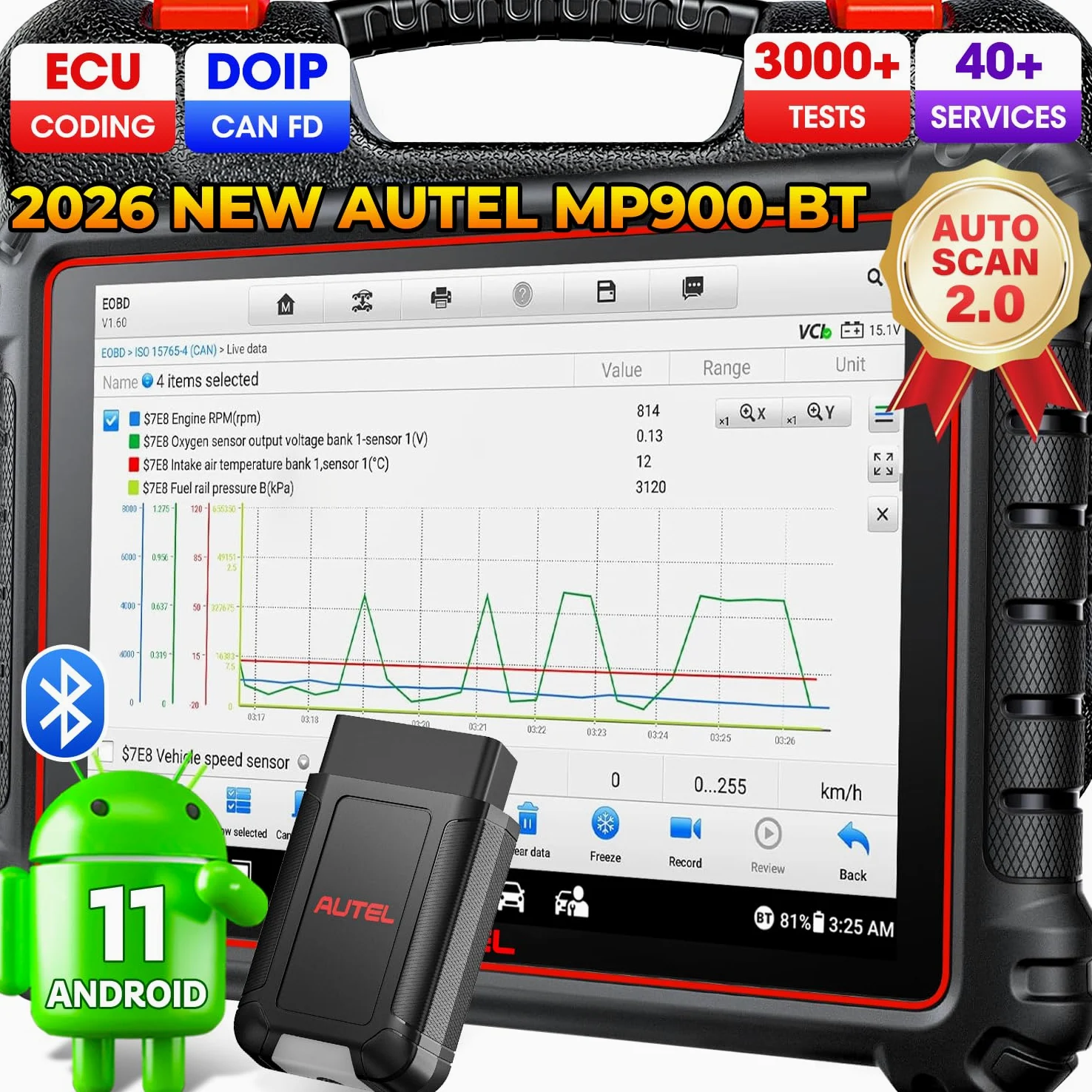 Autel MaxiPRO MP900BT Inalámbrico KIT Codificación ECU OS11 3K+ Prueba Activa DoIP CAN FD 40+ Reseteos Escaneo VIN