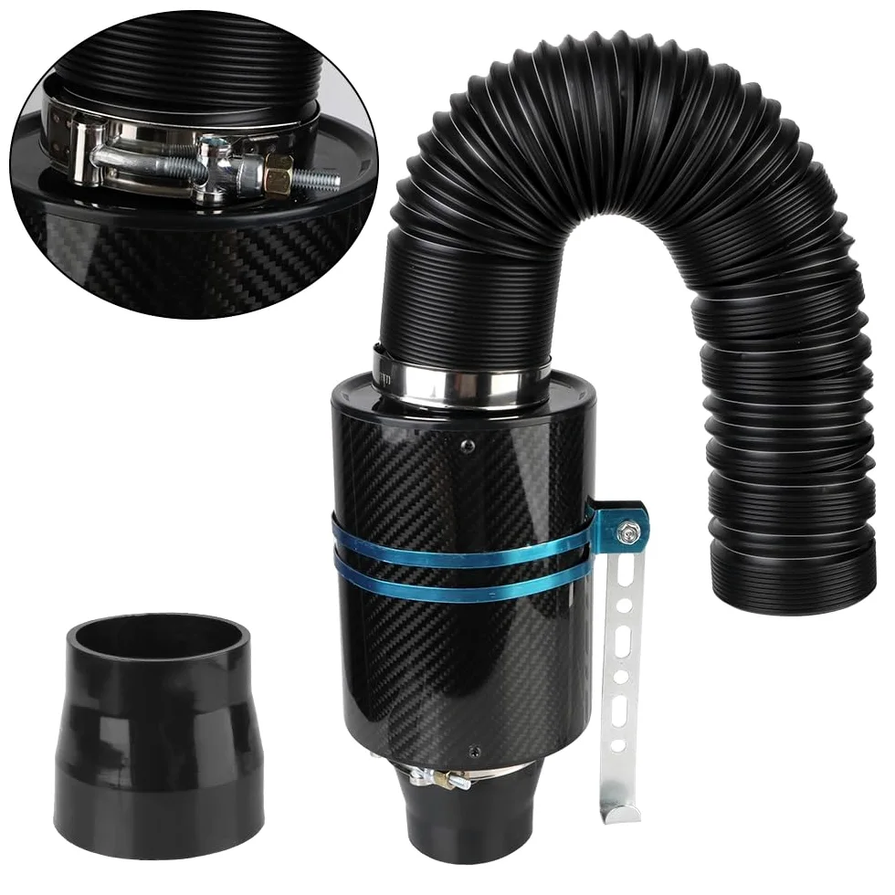 Conjunto de filtro de aire Caja de aire Filtro de aire frío de fibra de carbono para coche, caja de filtro de entrada de fibra de inducción cerrada, Kit de manguera de tubo Universal, 1 Juego